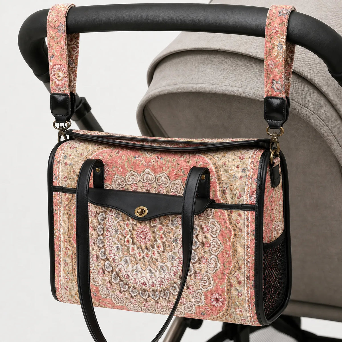 Oriental Pink Vintage Carpet Diaper Bag Carpetbag of America hang