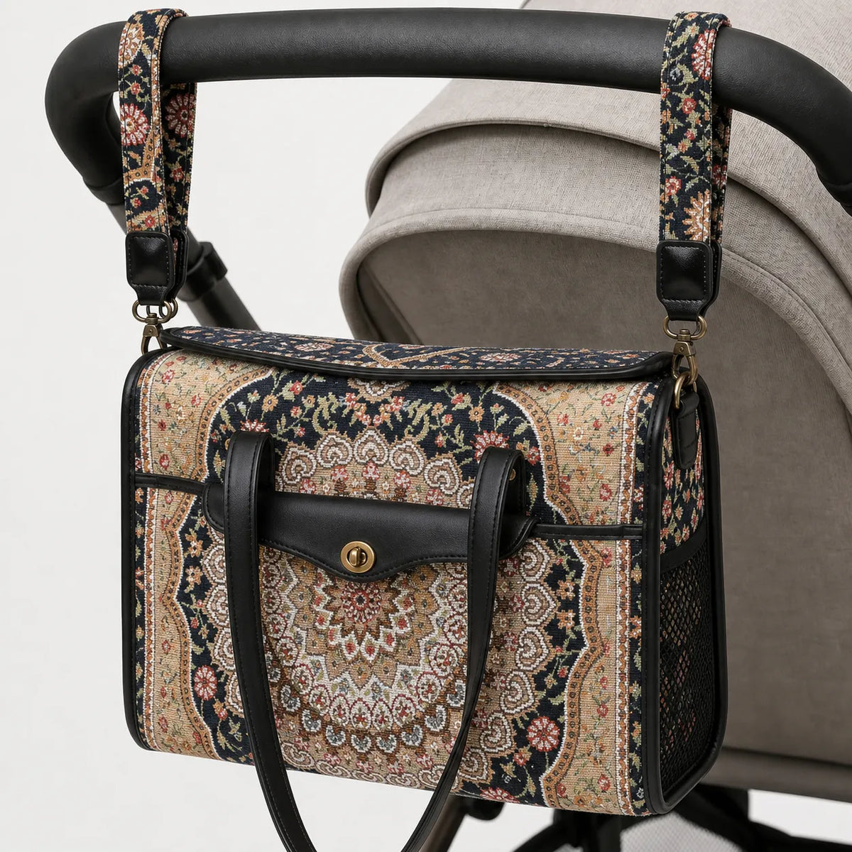 Oriental Navy Vintage Carpet Diaper Bag Carpetbag of America hang