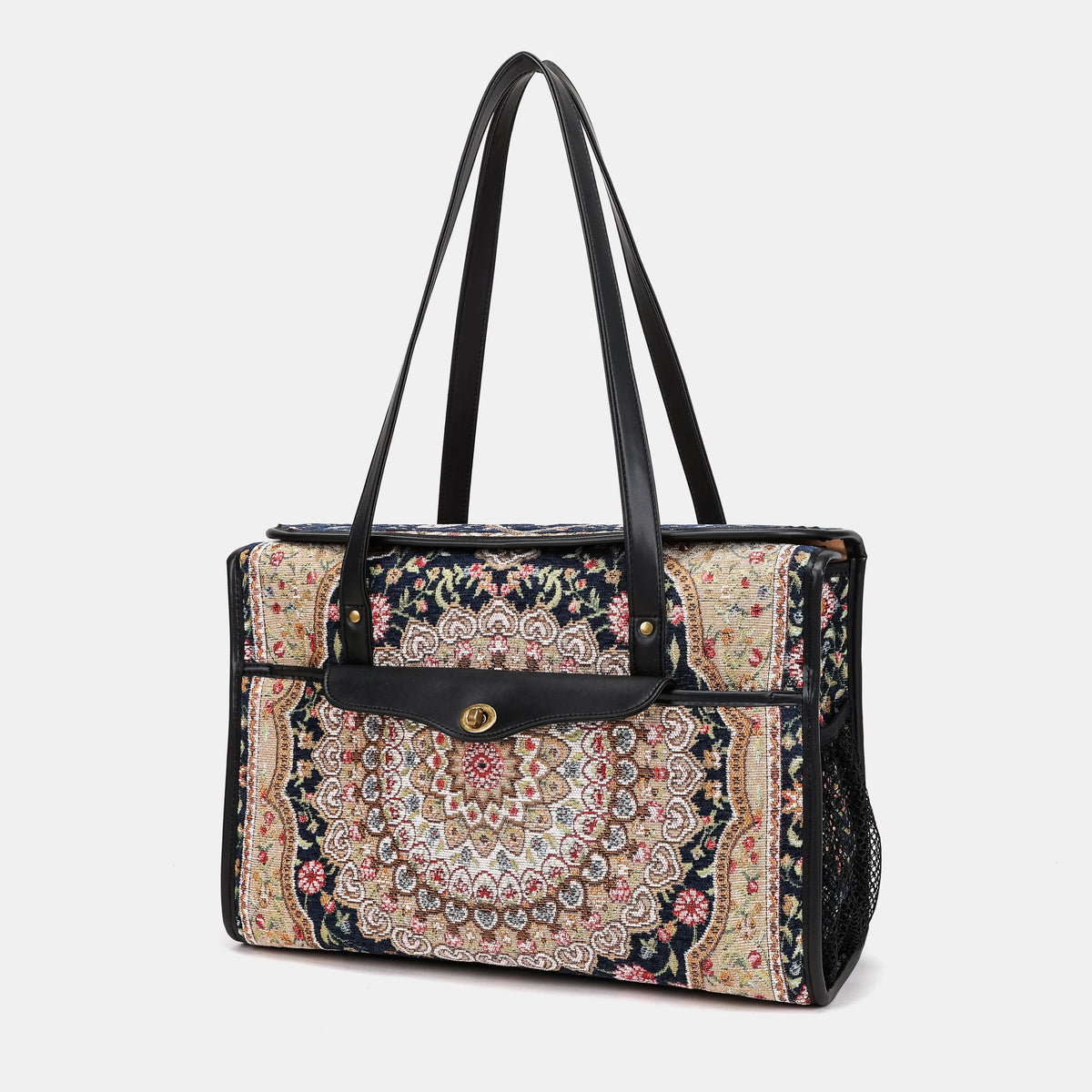 Oriental Navy Vintage Carpet Diaper Bag Carpetbag of America front side