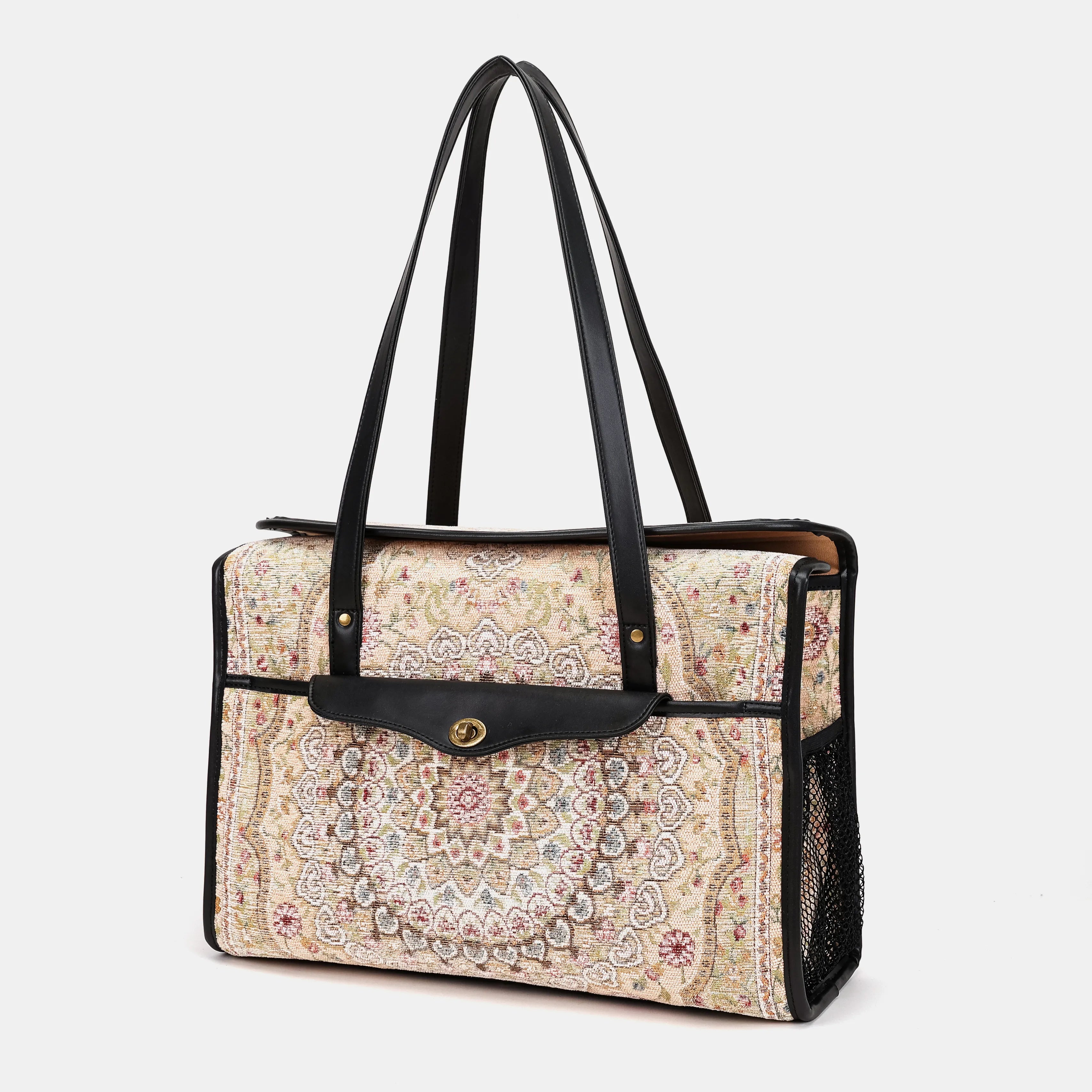 Oriental Beige Vintage Carpet Diaper Bag Carpetbag of America front side