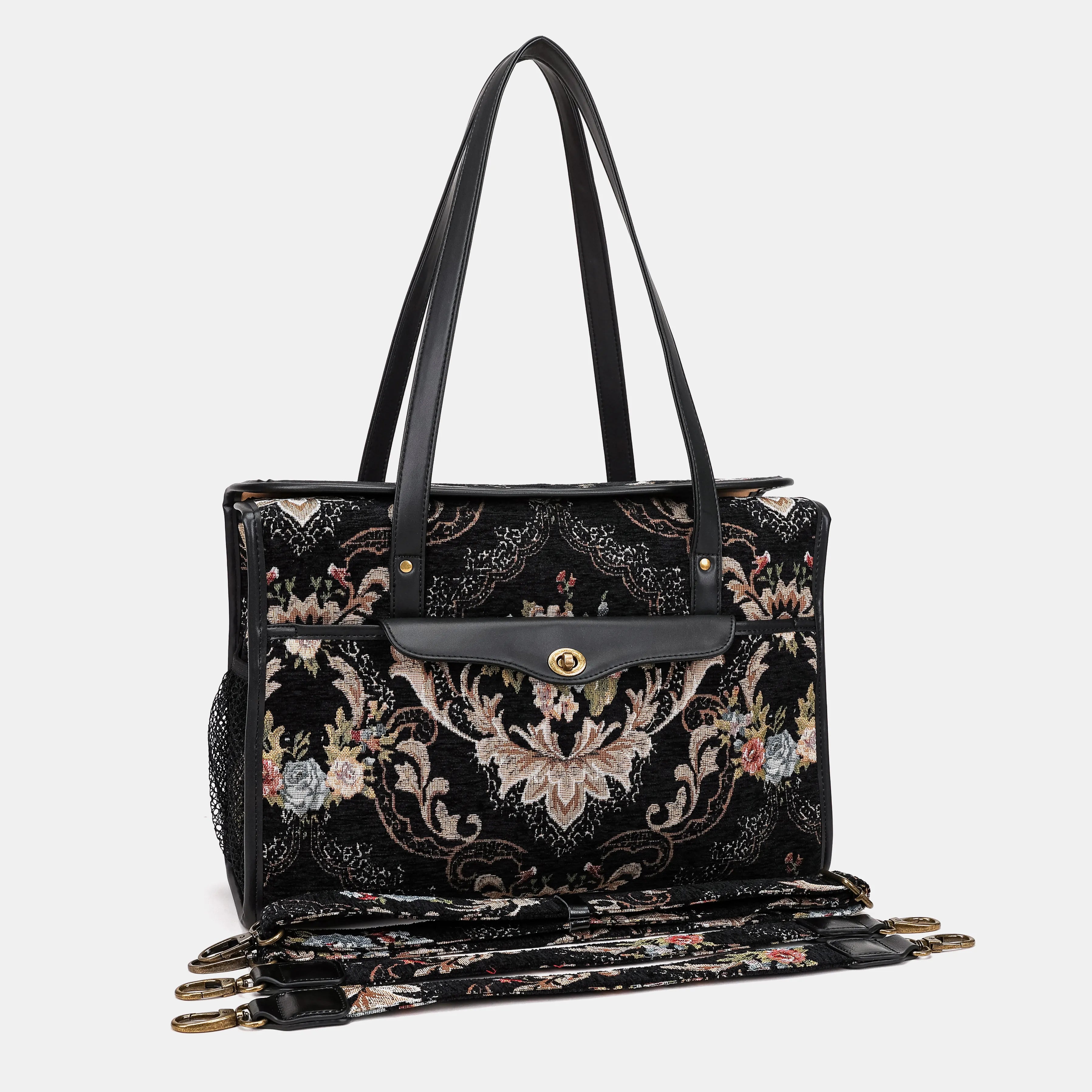 Floral Black Vintage Carpet Diaper Bag Carpetbag of America with straps