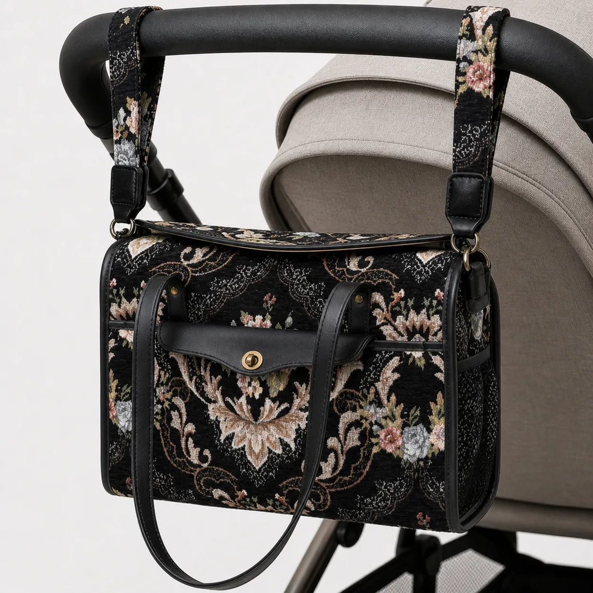 Floral Black Vintage Carpet Diaper Bag Carpetbag of America hang