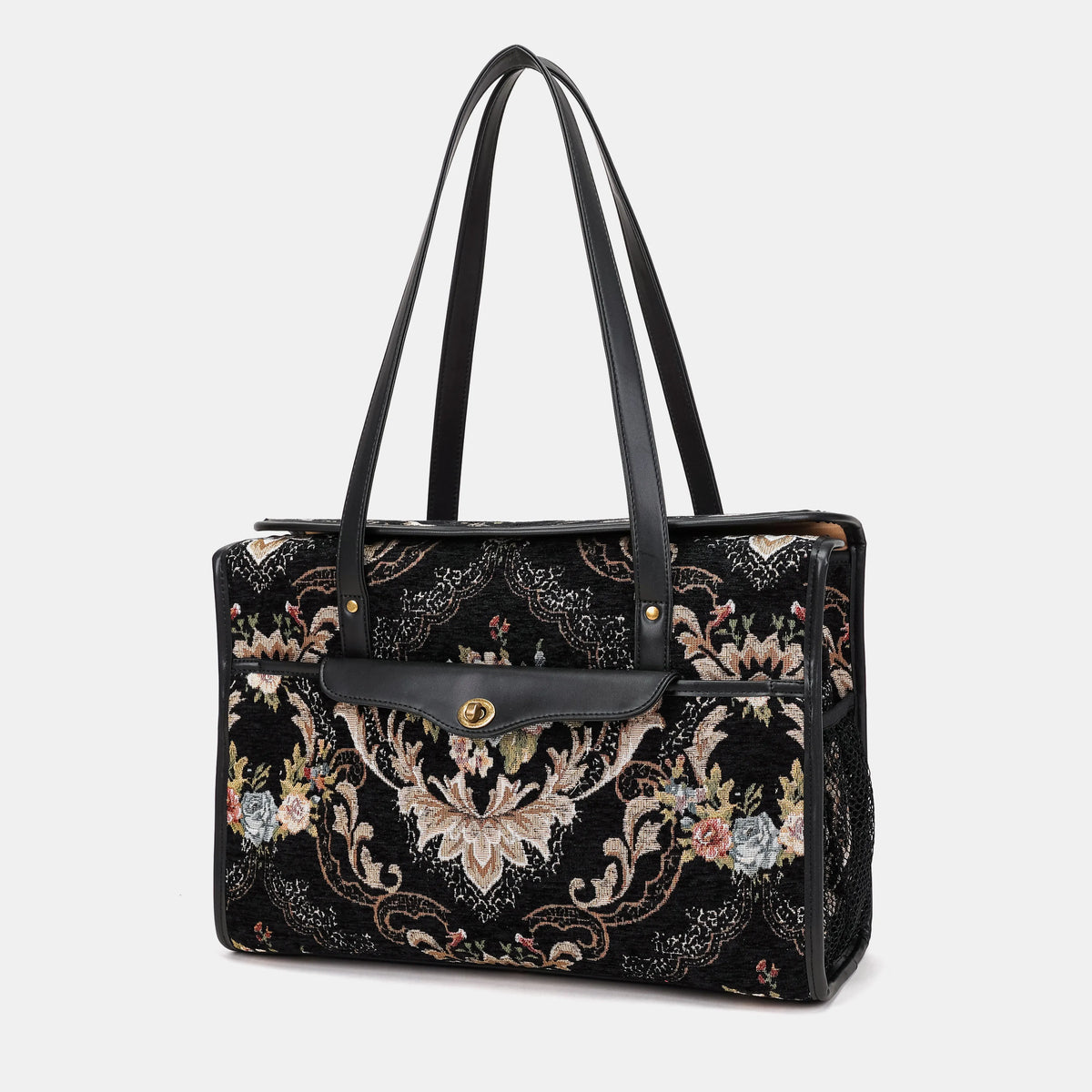 Floral Black Vintage Carpet Diaper Bag Carpetbag of America front side