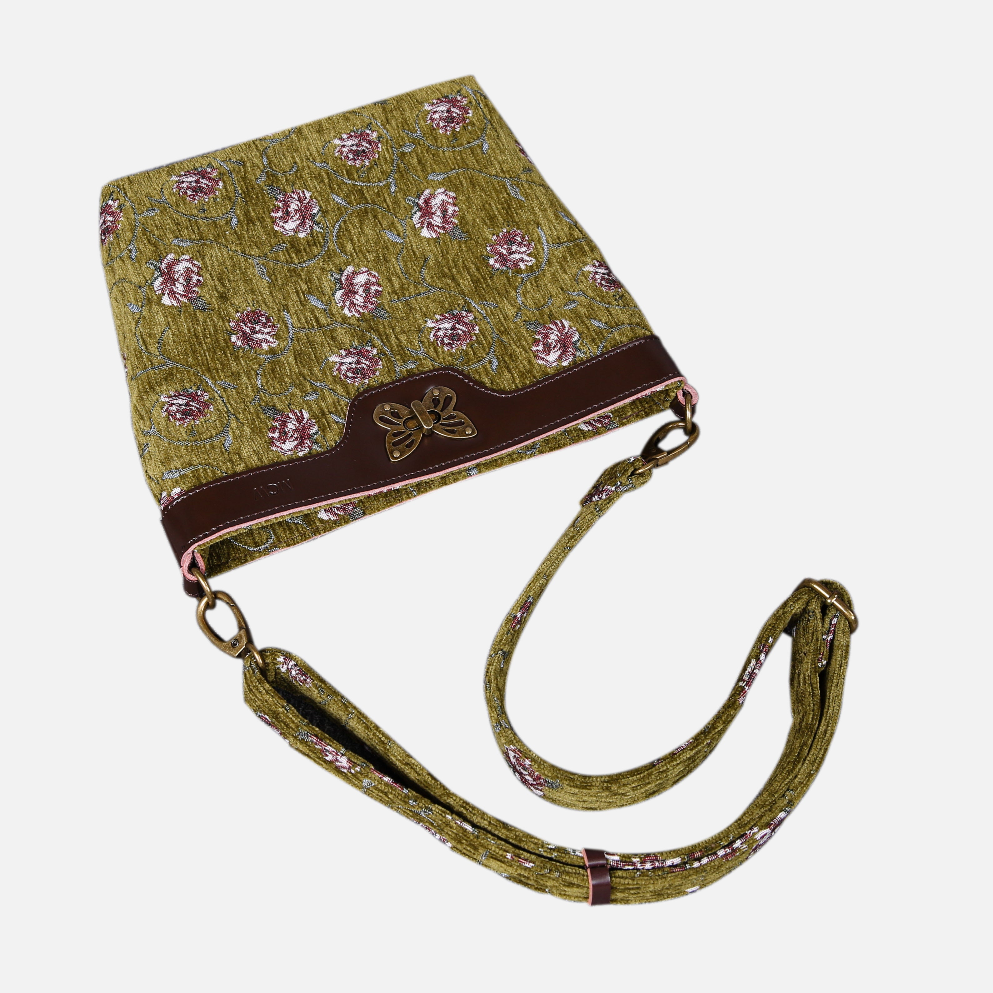Climbing Rose Carpet Crossbody Bag carpet bag MCW Handmade Avocado lay flat