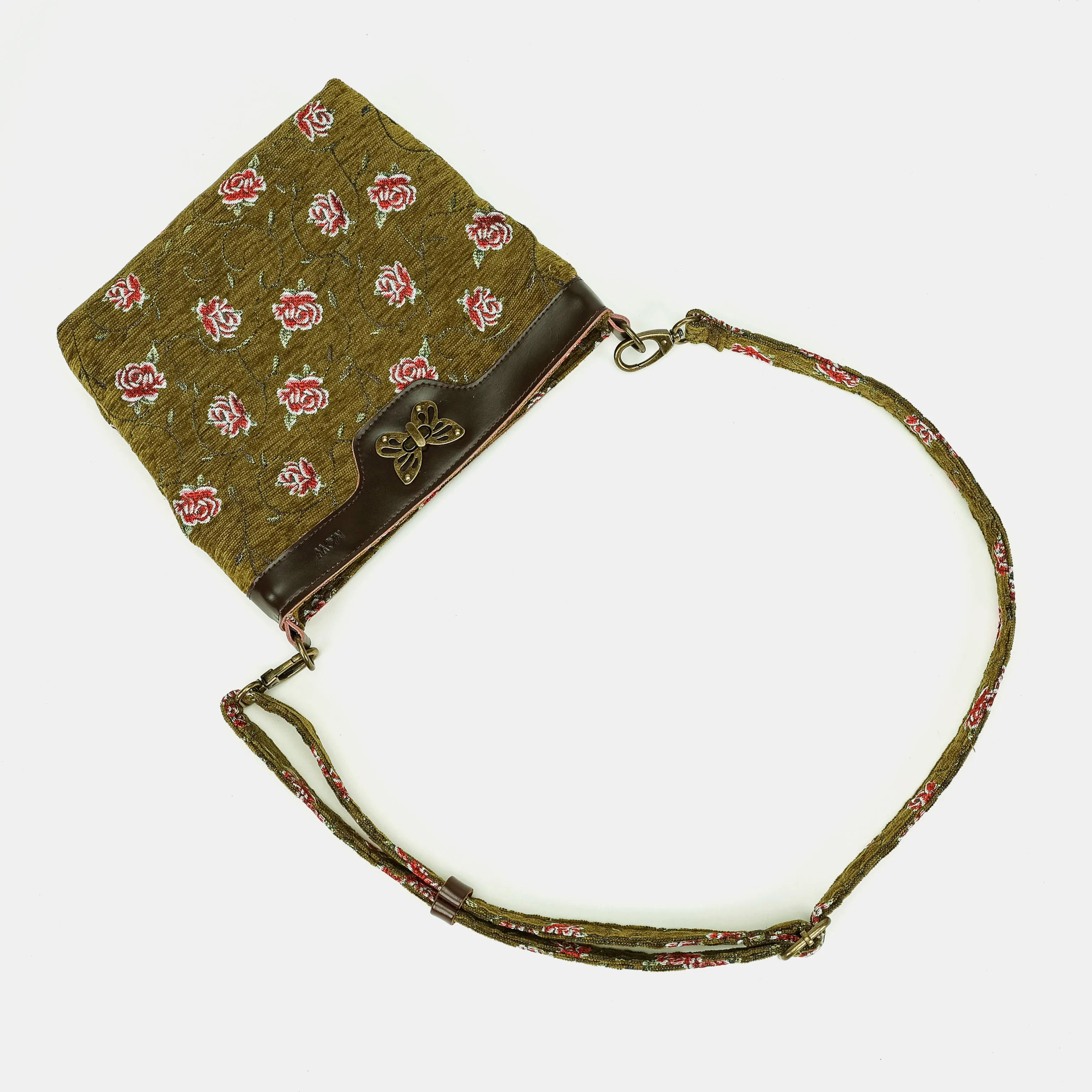 Climbing Rose Avocado Butterfly Crossbody Bag Carpetbag of America lay flat