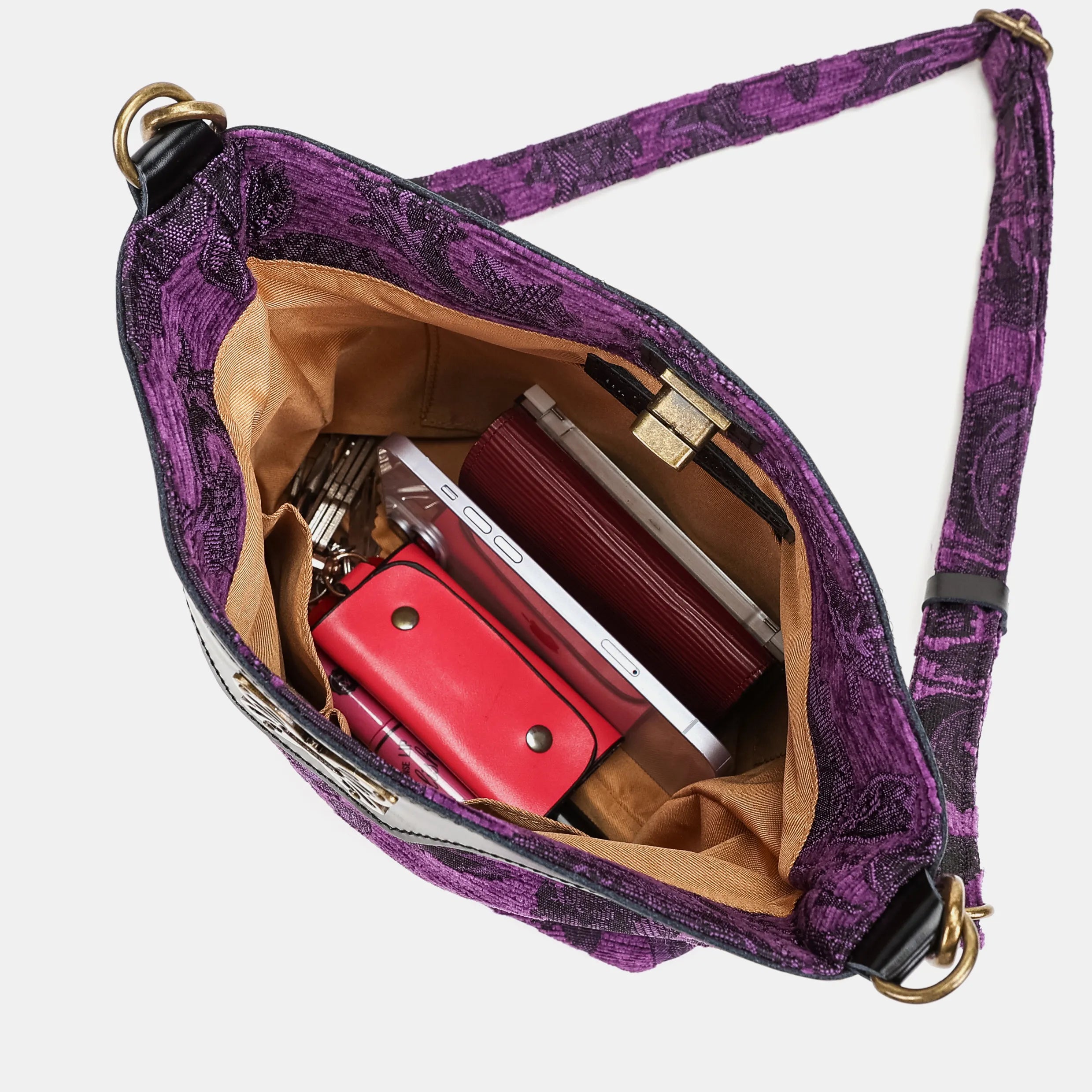 Victorian Blossom Purple Butterfly Crossbody Bag Carpet bag of America-in use
