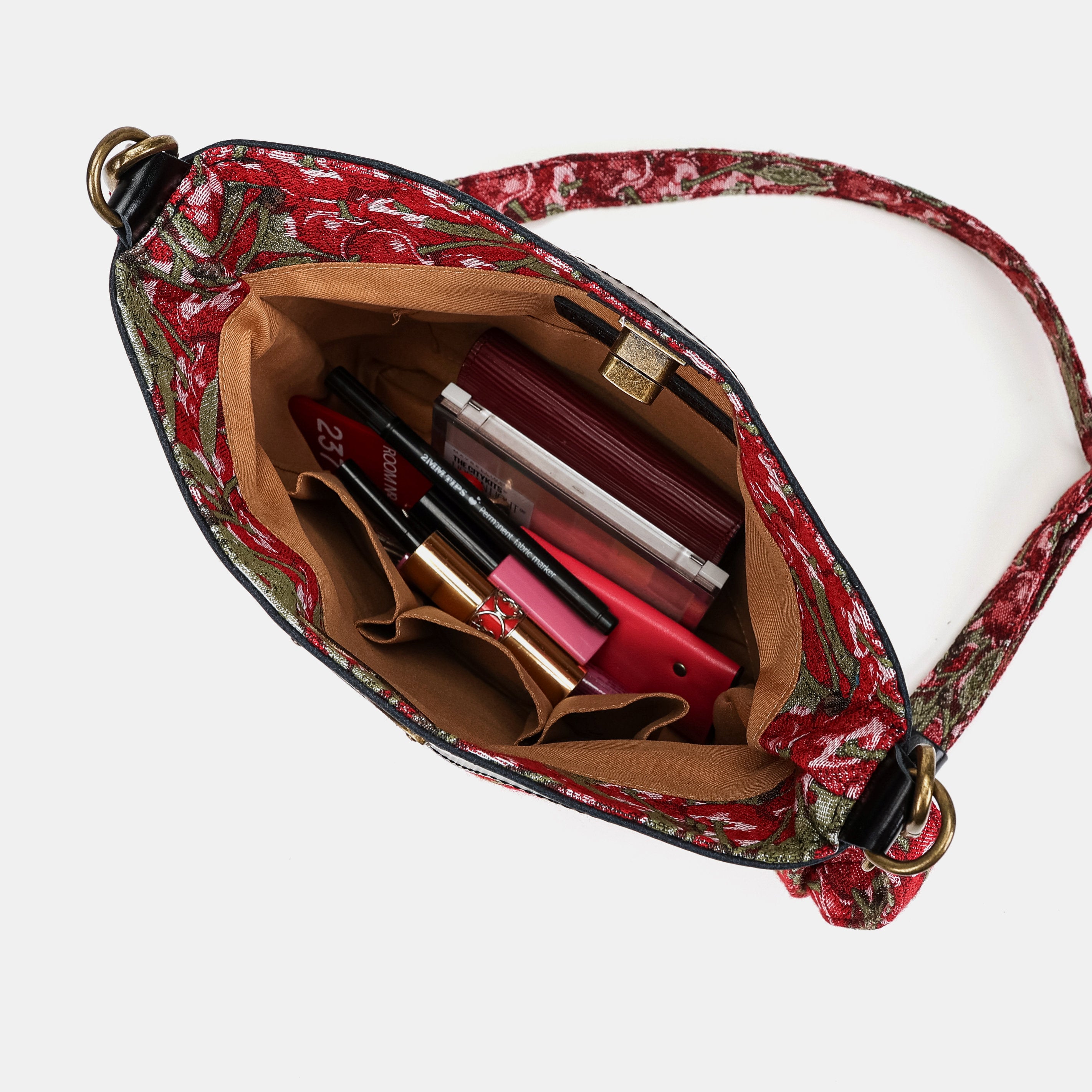 Cherry Cascade Butterfly Crossbody Bag Carpet bag of America in use