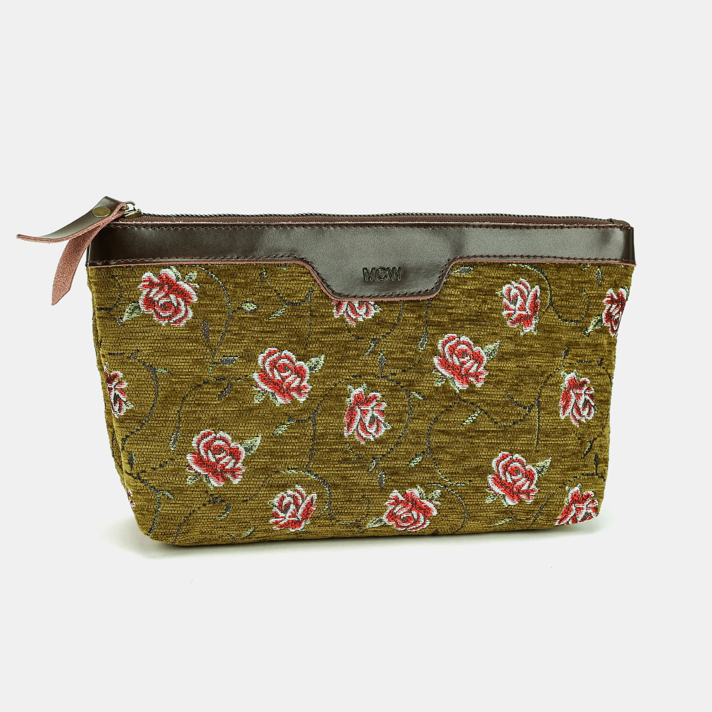 Climbing Rose Avocado Carpet Makeup Bag Carpetbag of America front