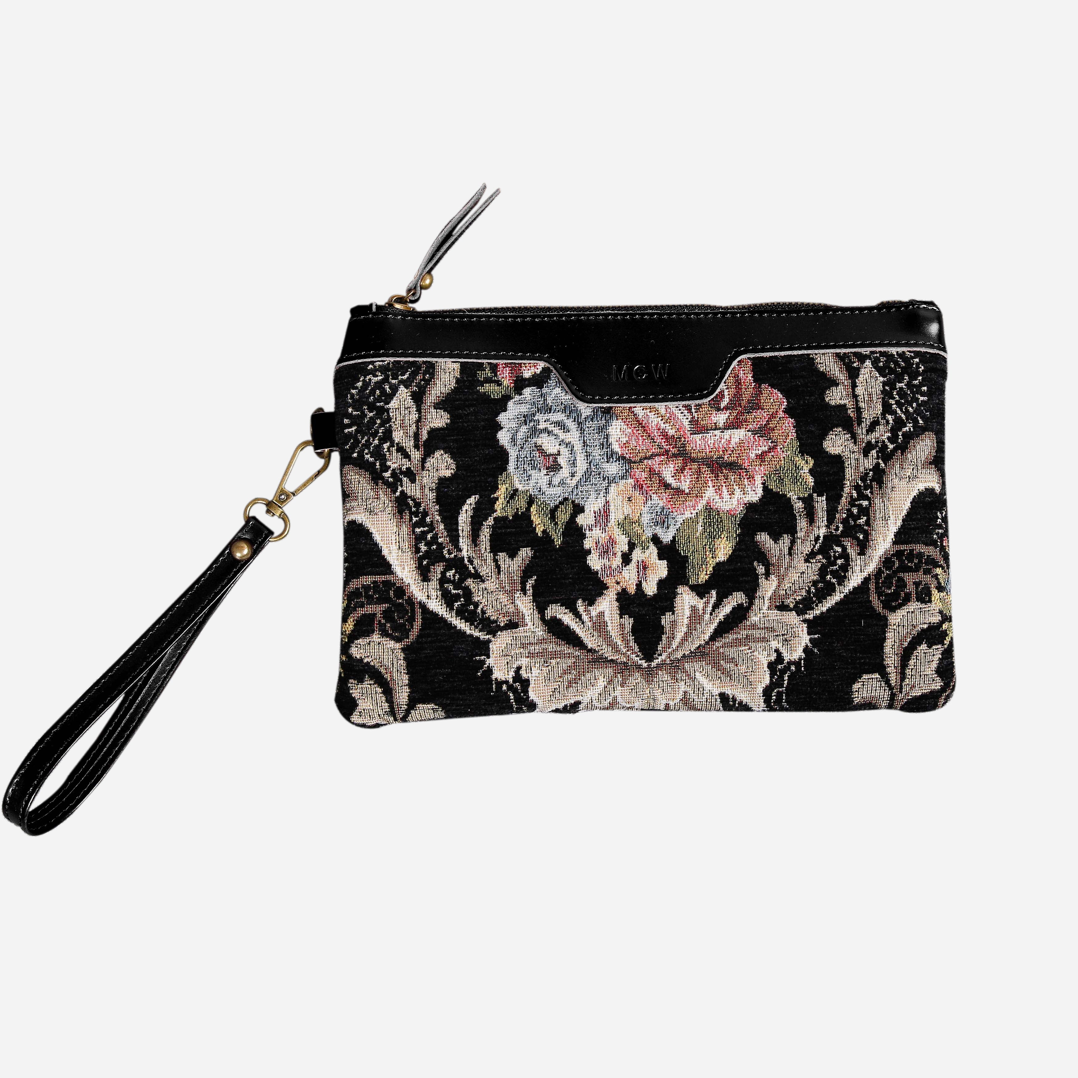 Floral Black Leather Black Wristlet Clutch carpet bag MCW Handmade