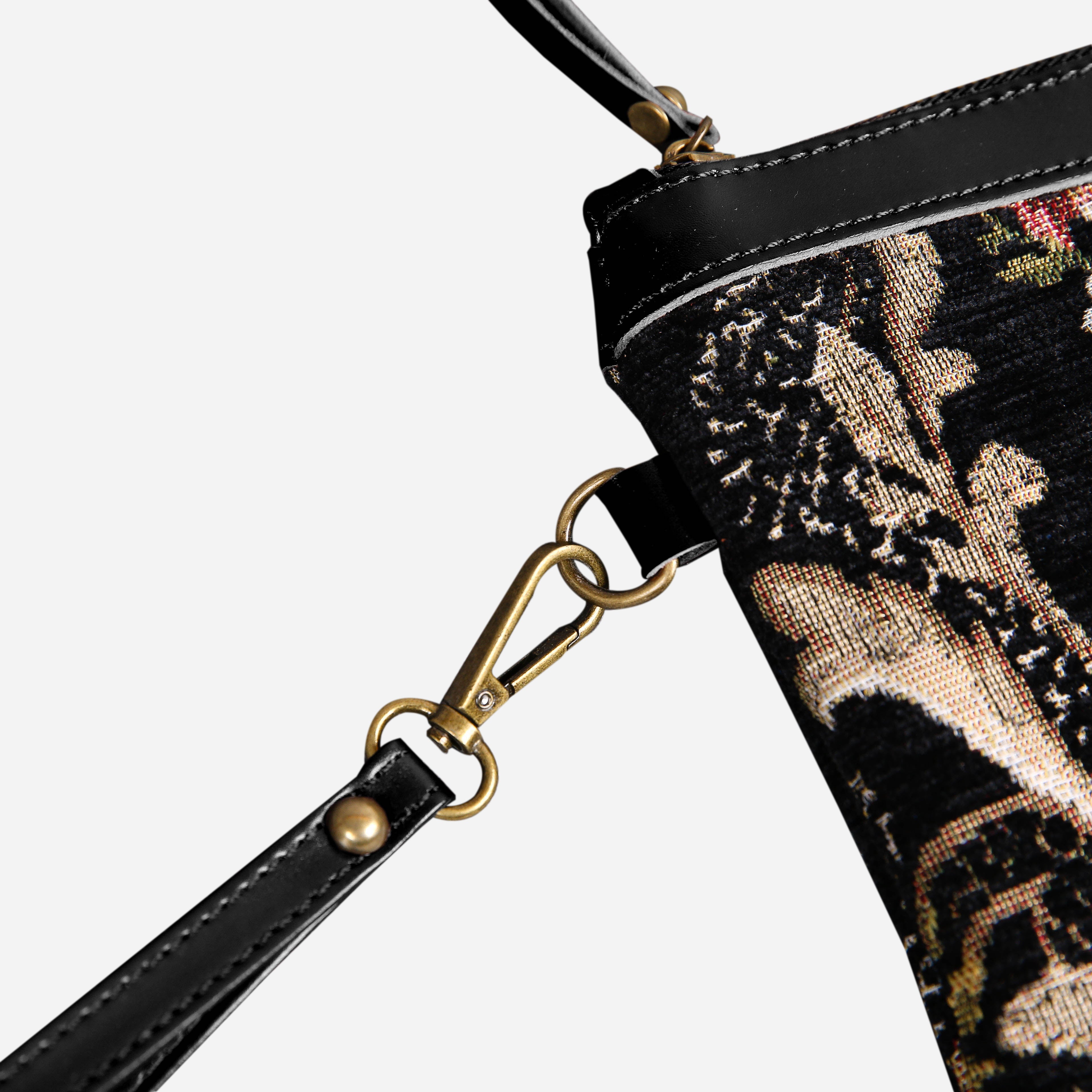 Floral Black Leather Black Wristlet Clutch carpet bag MCW Handmade-3
