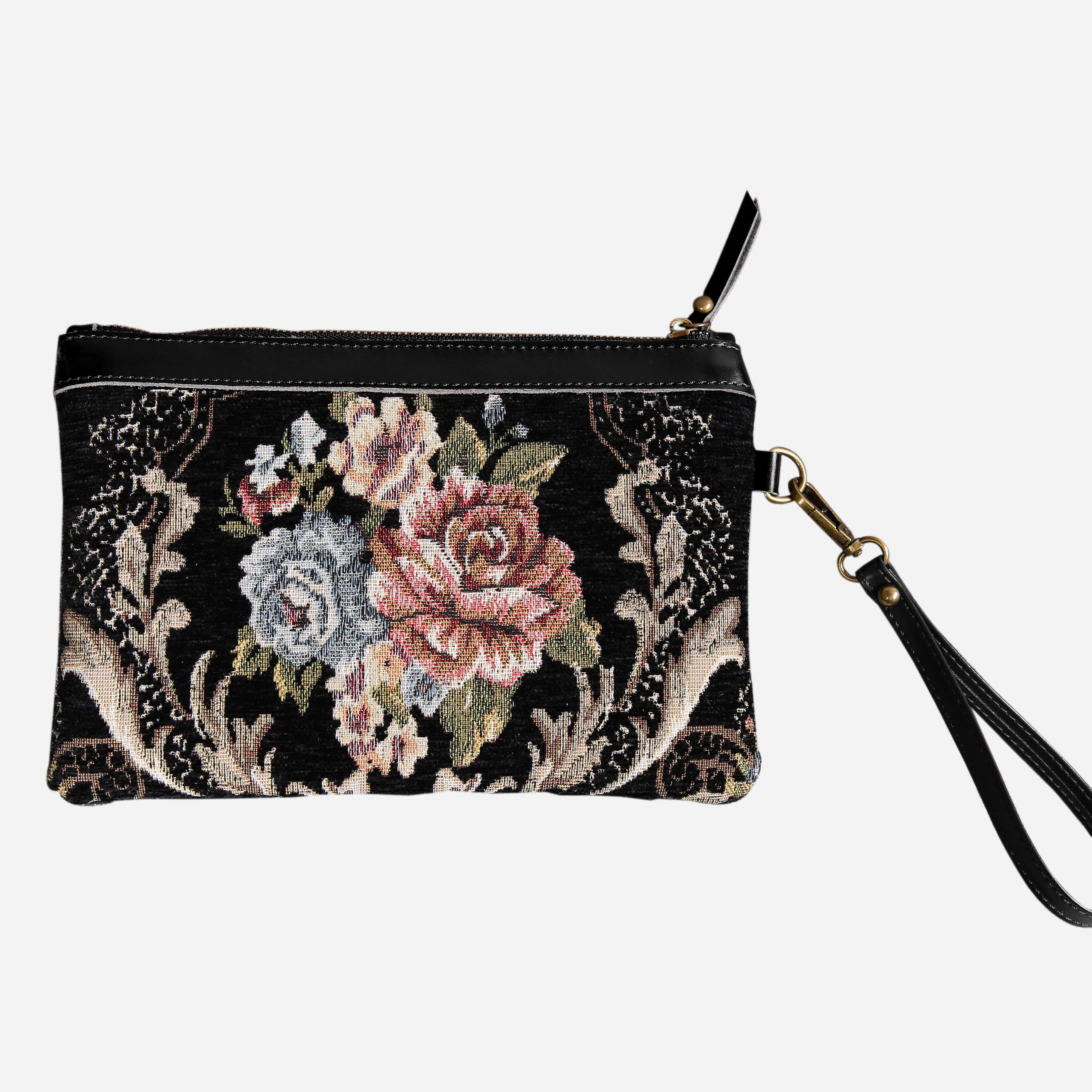Floral Black Leather Black Wristlet Clutch carpet bag MCW Handmade-1