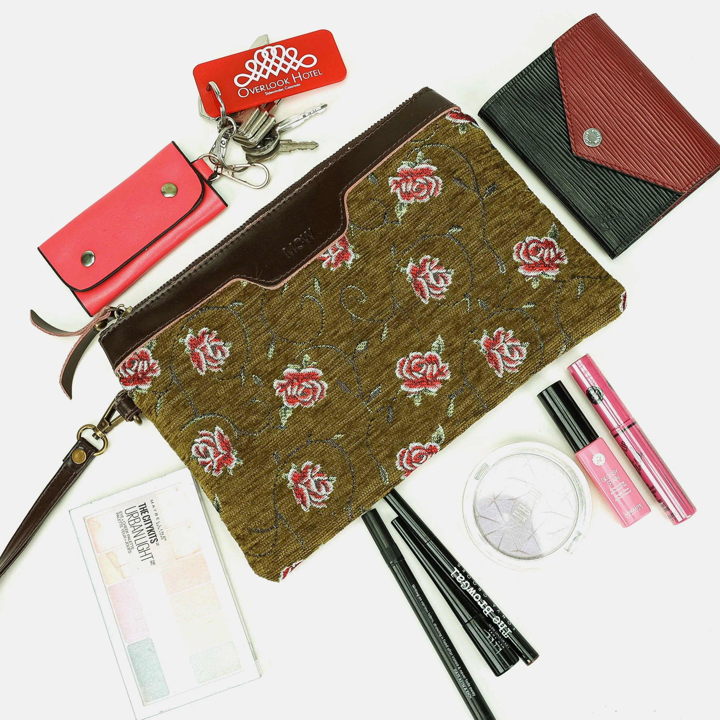 Climbing Rose Avocado Wristlet Clutch Carpetbag of America capacity