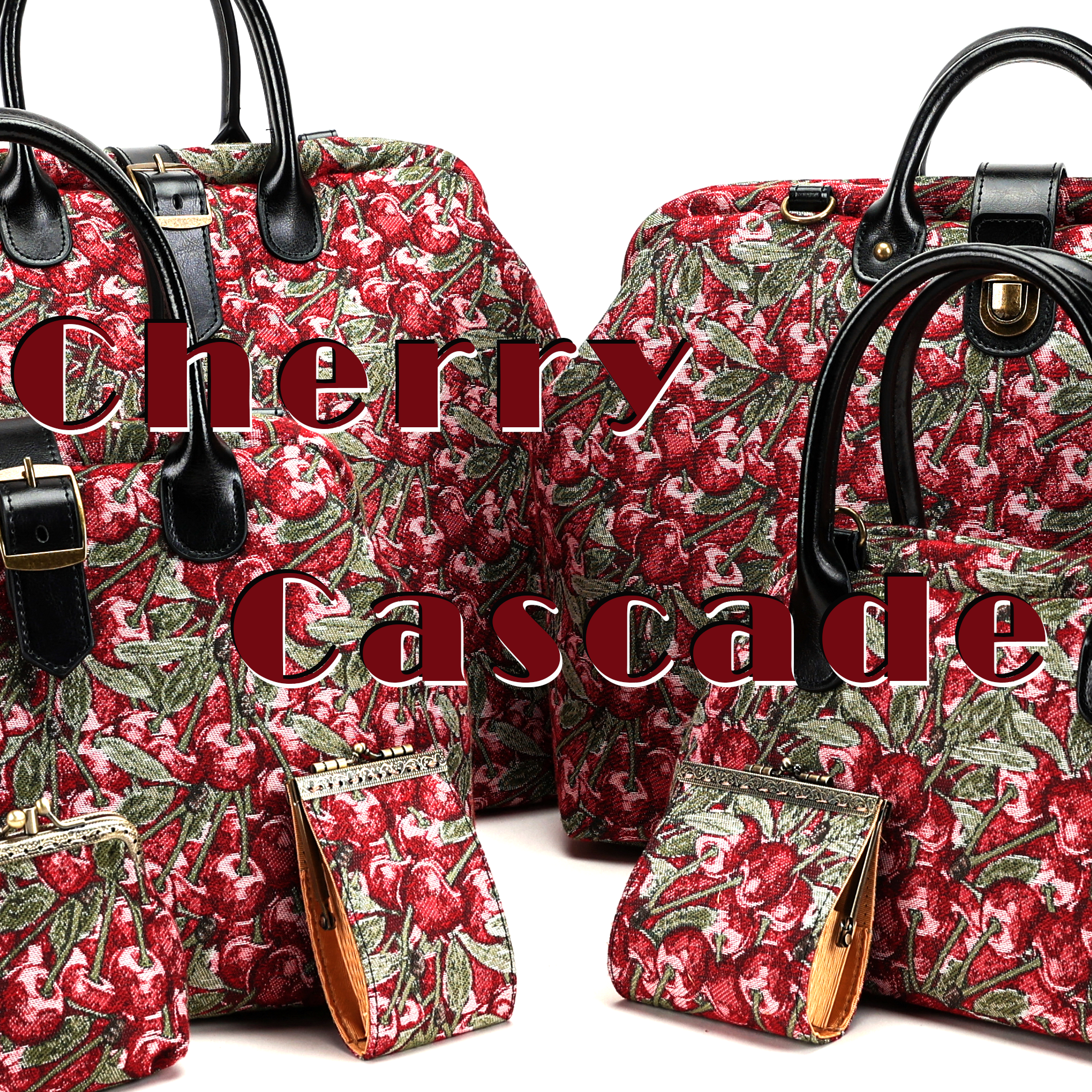 Cherry-themed handbags with 'Cherry Cascade' text on a white background