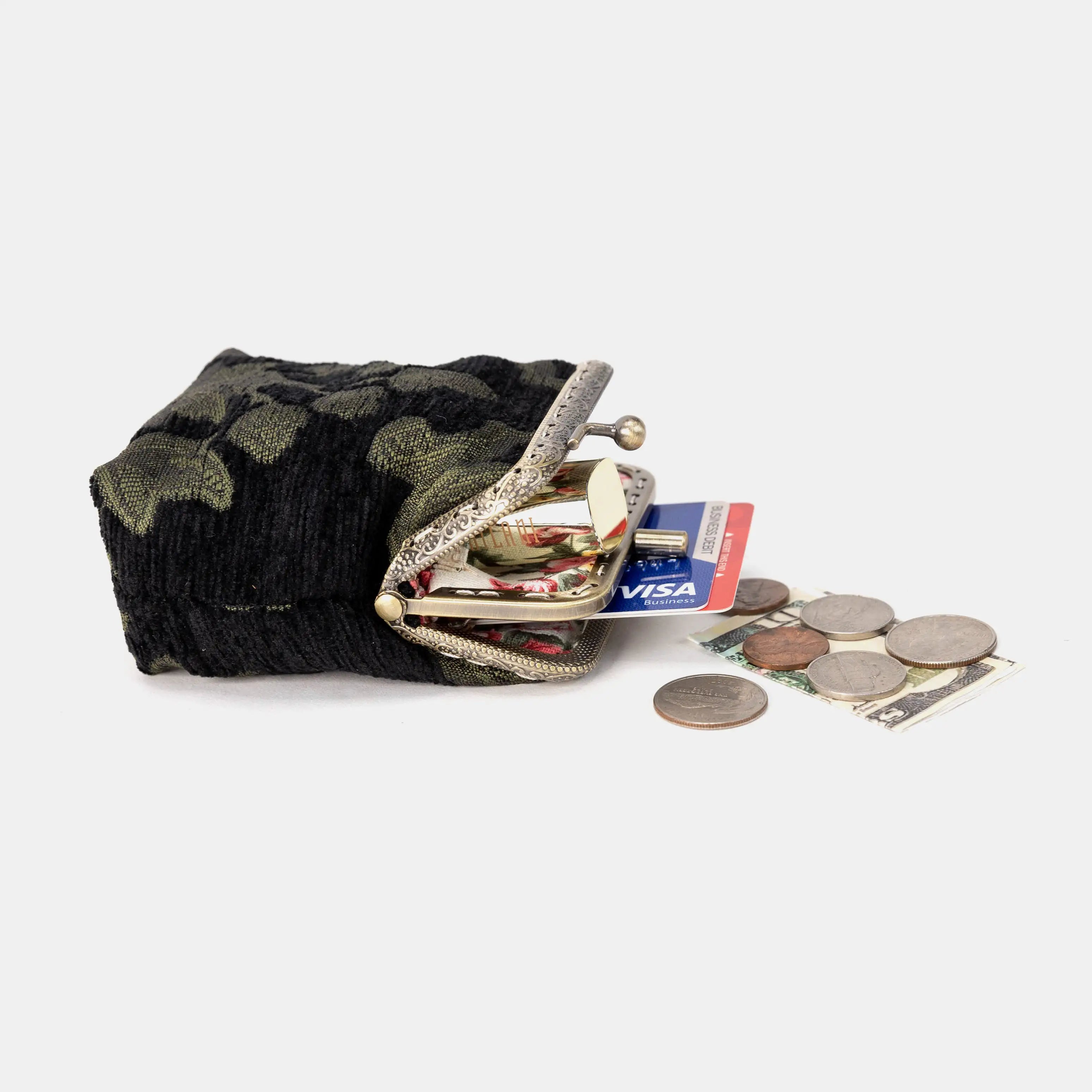 Victorian Blossom Black/Green Double Kiss Clasp Coin Purse of America inside-5