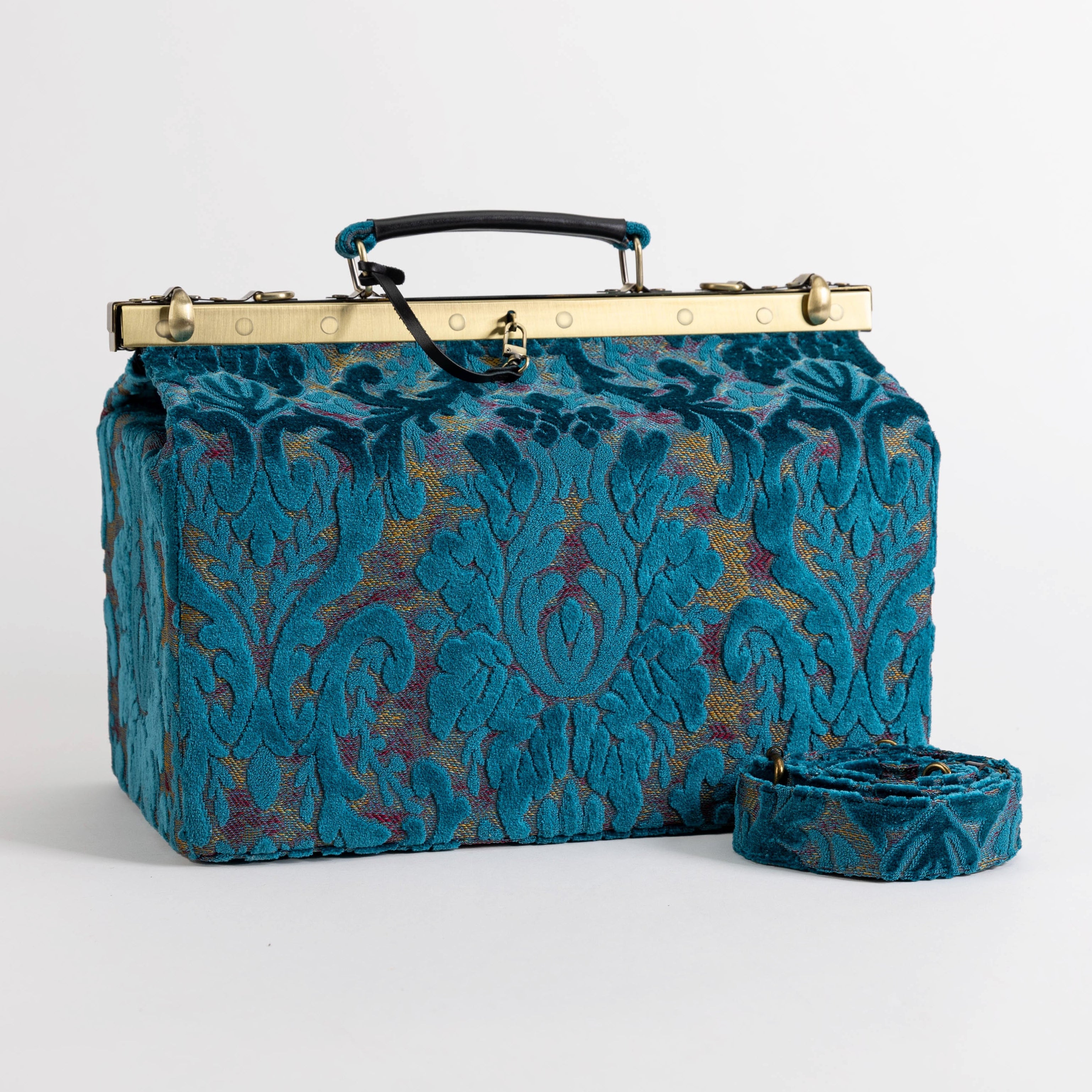 Gladstone Bag Carpet Doctor Bag Victorian Weekender Bag Shoulder Frame Bag Genevieve Burnout Velvet Aqua Blue Carpetbagger Carpetbag of America main