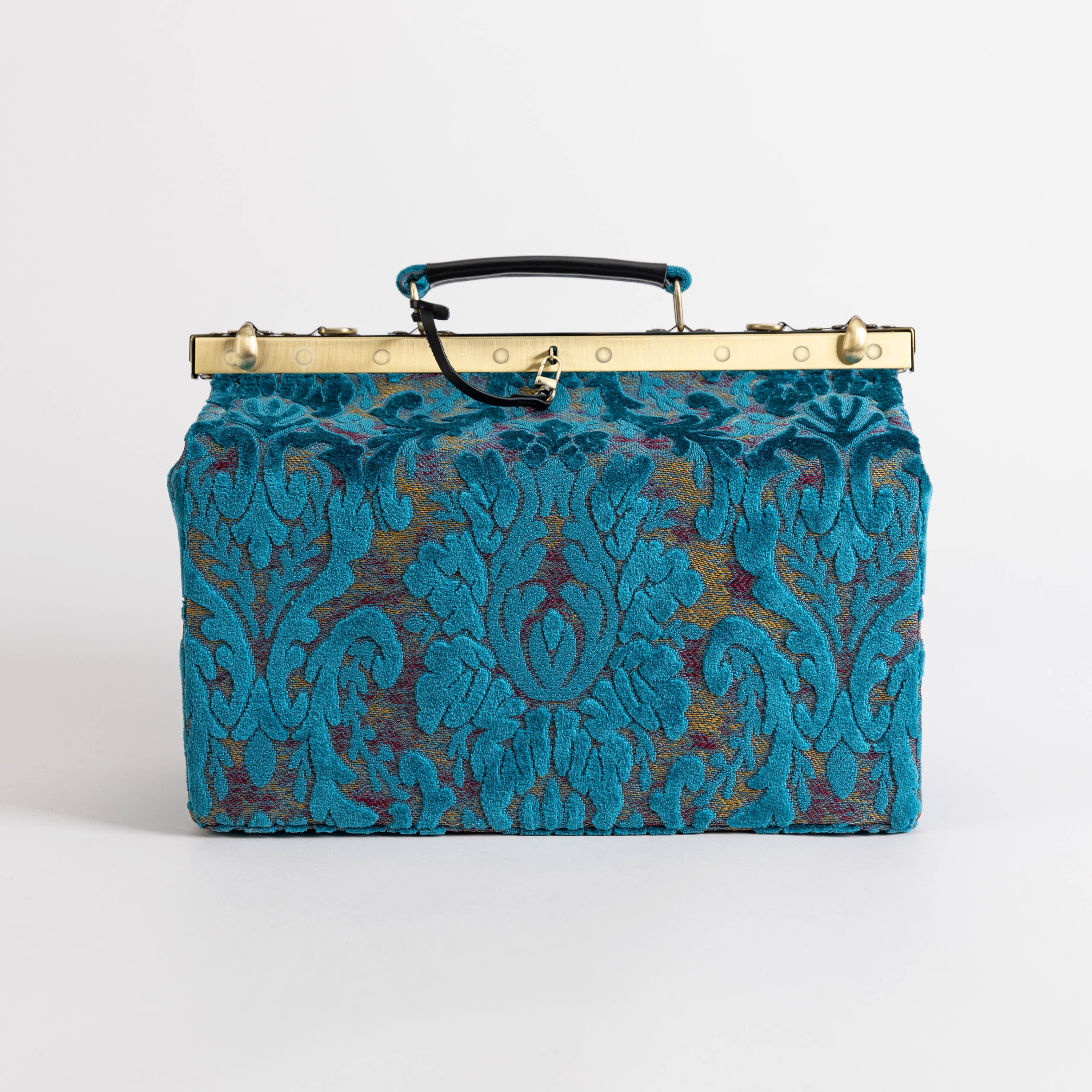 Gladstone Bag Carpet Doctor Bag Victorian Weekender Bag Shoulder Frame Bag Genevieve Burnout Velvet Aqua Blue Carpetbagger Carpetbag of America front