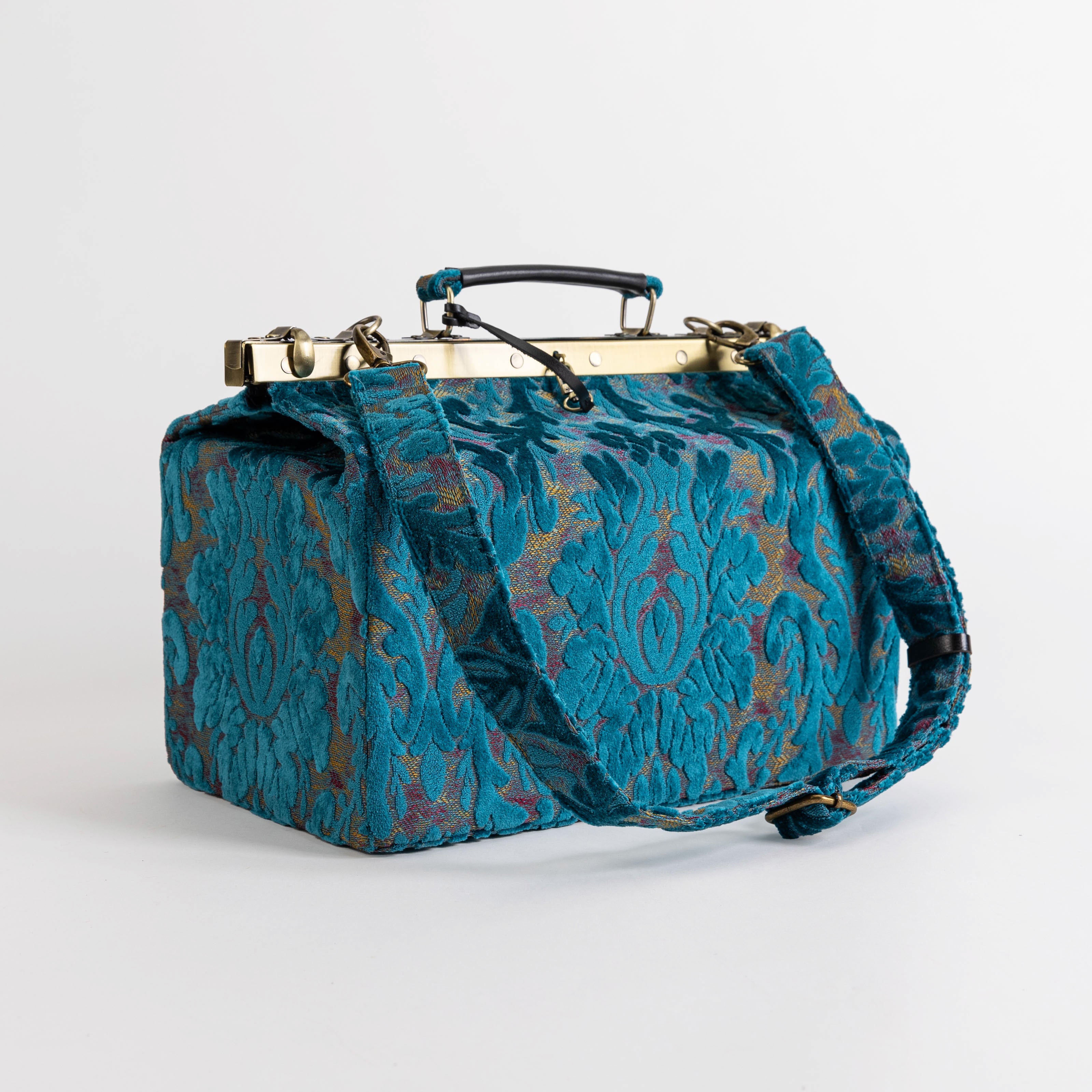 Gladstone Bag Carpet Doctor Bag Victorian Weekender Bag Shoulder Frame Bag Genevieve Burnout Velvet Aqua Blue Carpetbagger Carpetbag of America with shoulder strap