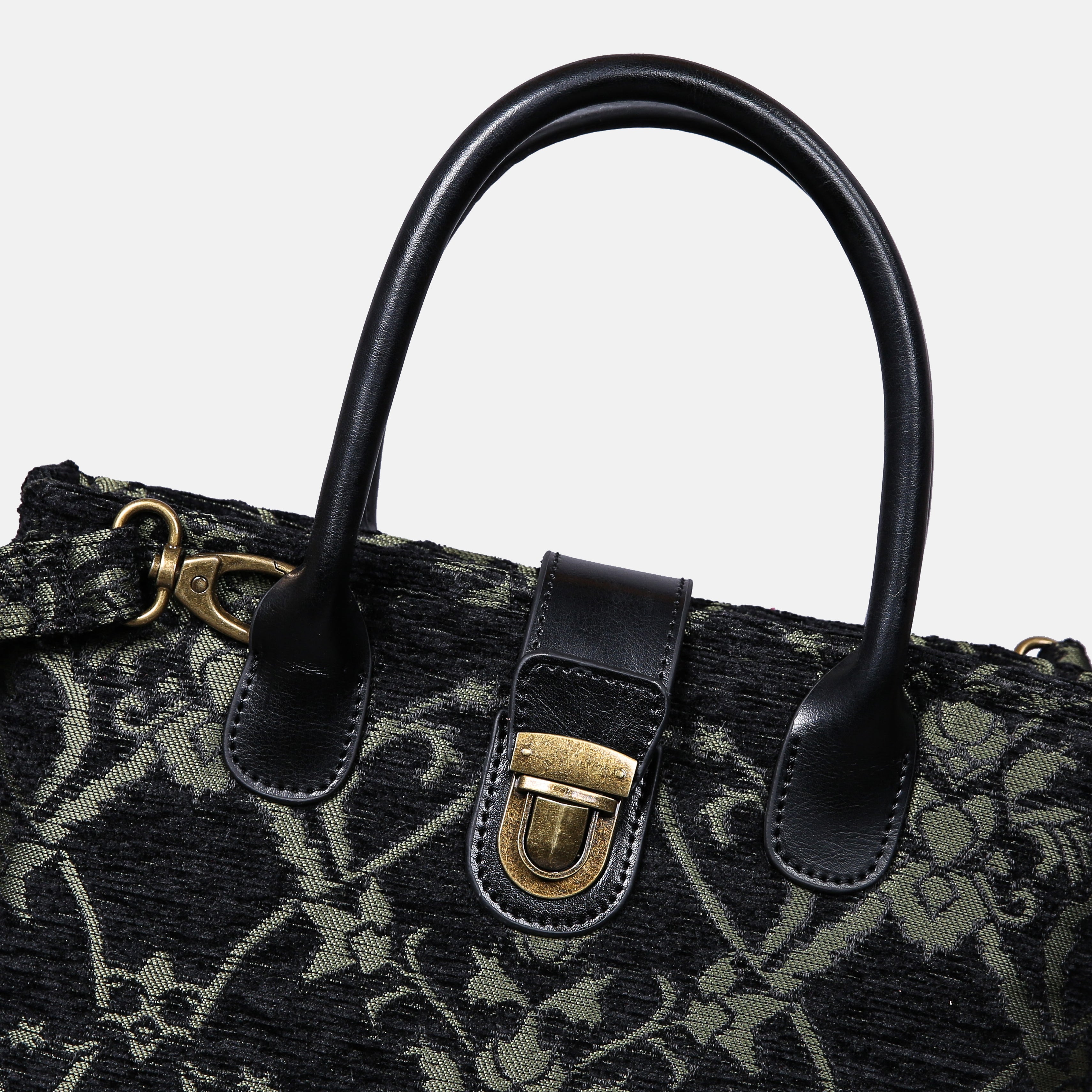 Carnaby Black/Dark Green Tuck Lock Carpet Satchel carpet bag MCW Handmade of America details