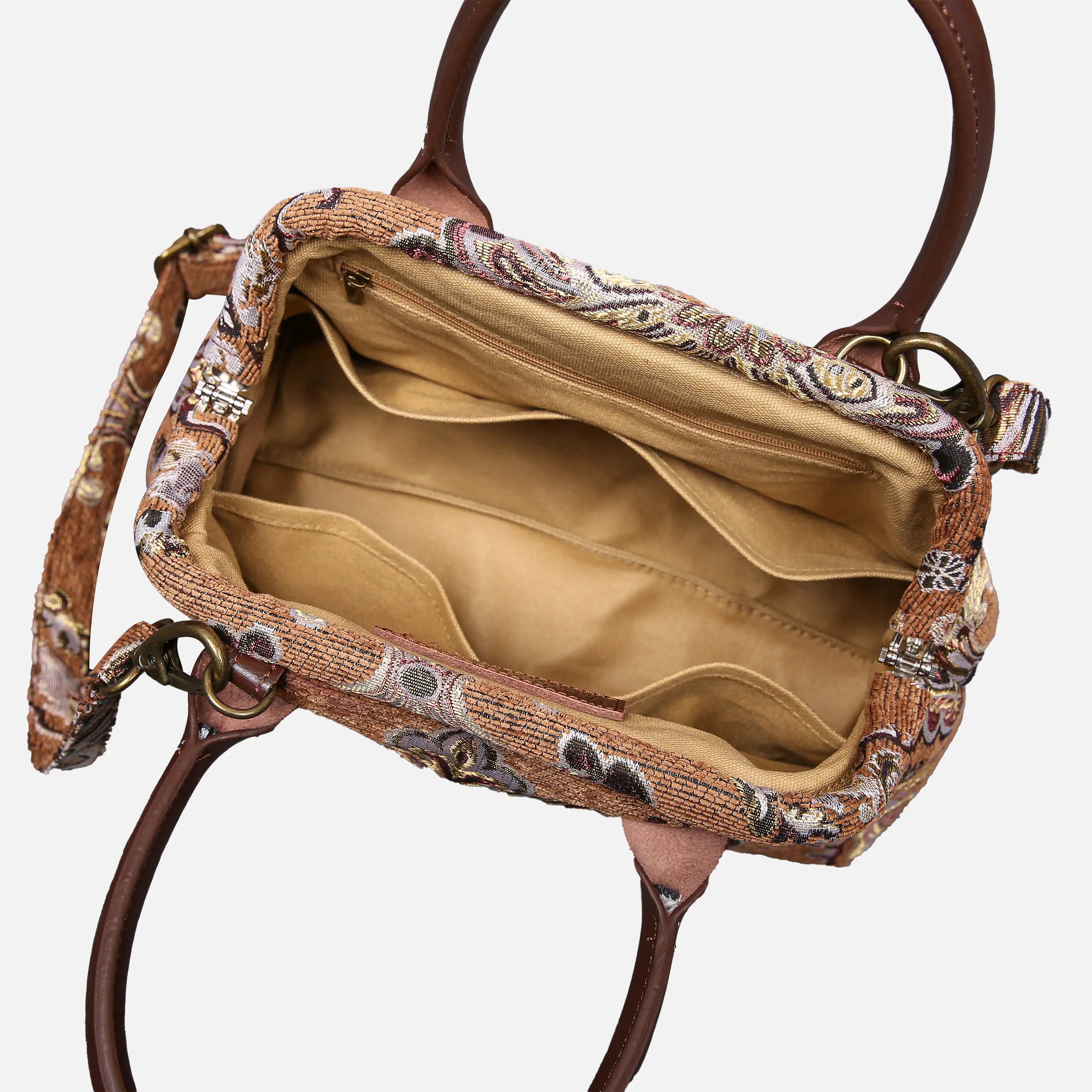Chateau Nostalgia Brown Carpet Satchel carpet bag MCW Handmade of America open