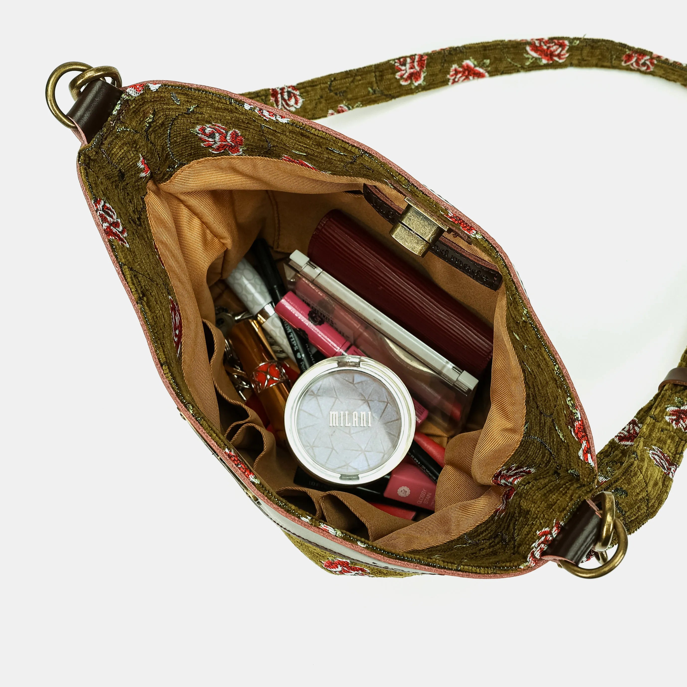 Climbing Rose Avocado Butterfly Crossbody Bag Carpetbag of America in use