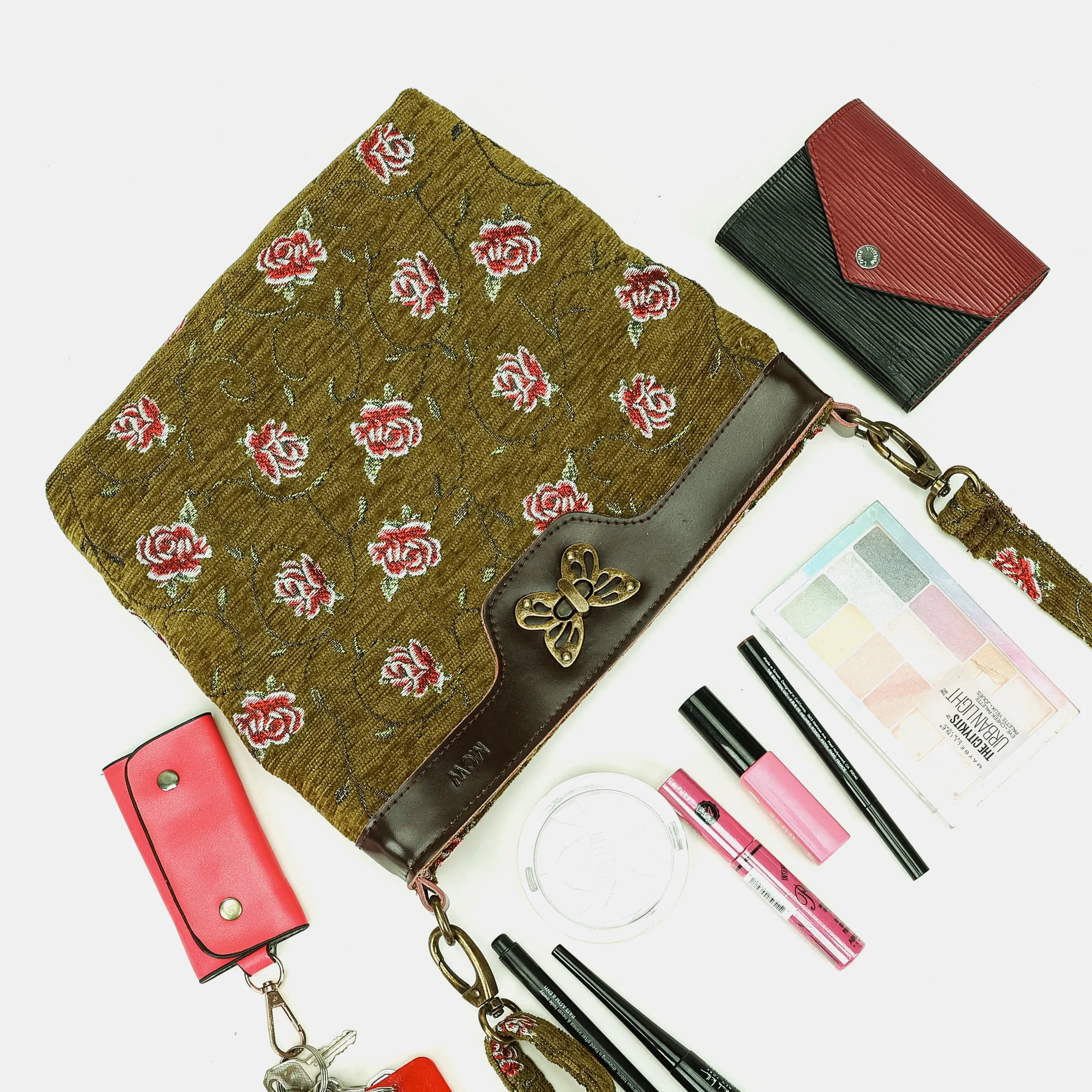 Climbing Rose Avocado Butterfly Crossbody Bag Carpetbag of America capacity