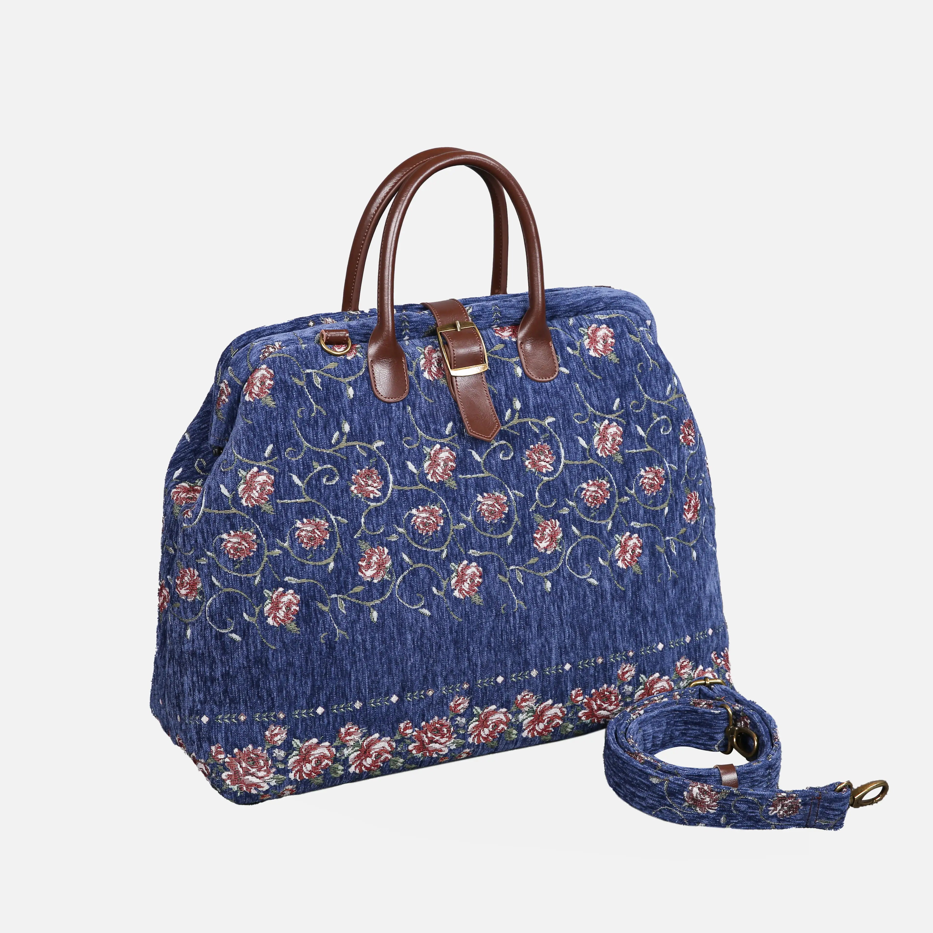 Climbing Rose Blue Mary Poppins Weekender Carpetbag of America with shoulder strap