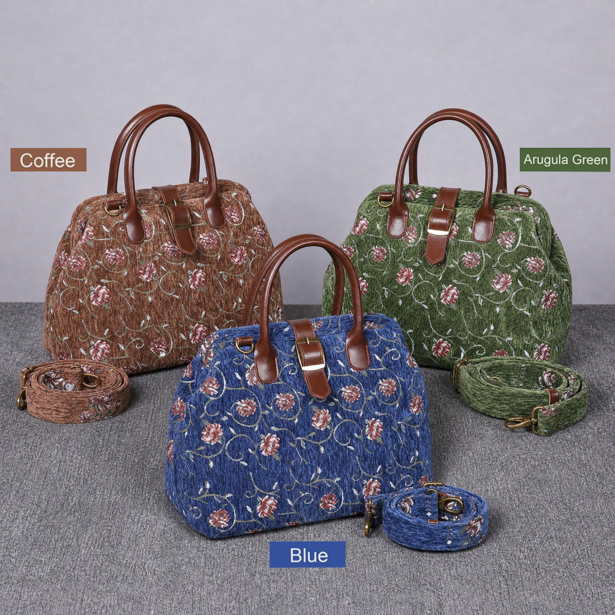 Three handbags in coffee, arugula green, and blue with floral patterns on a gray surface.