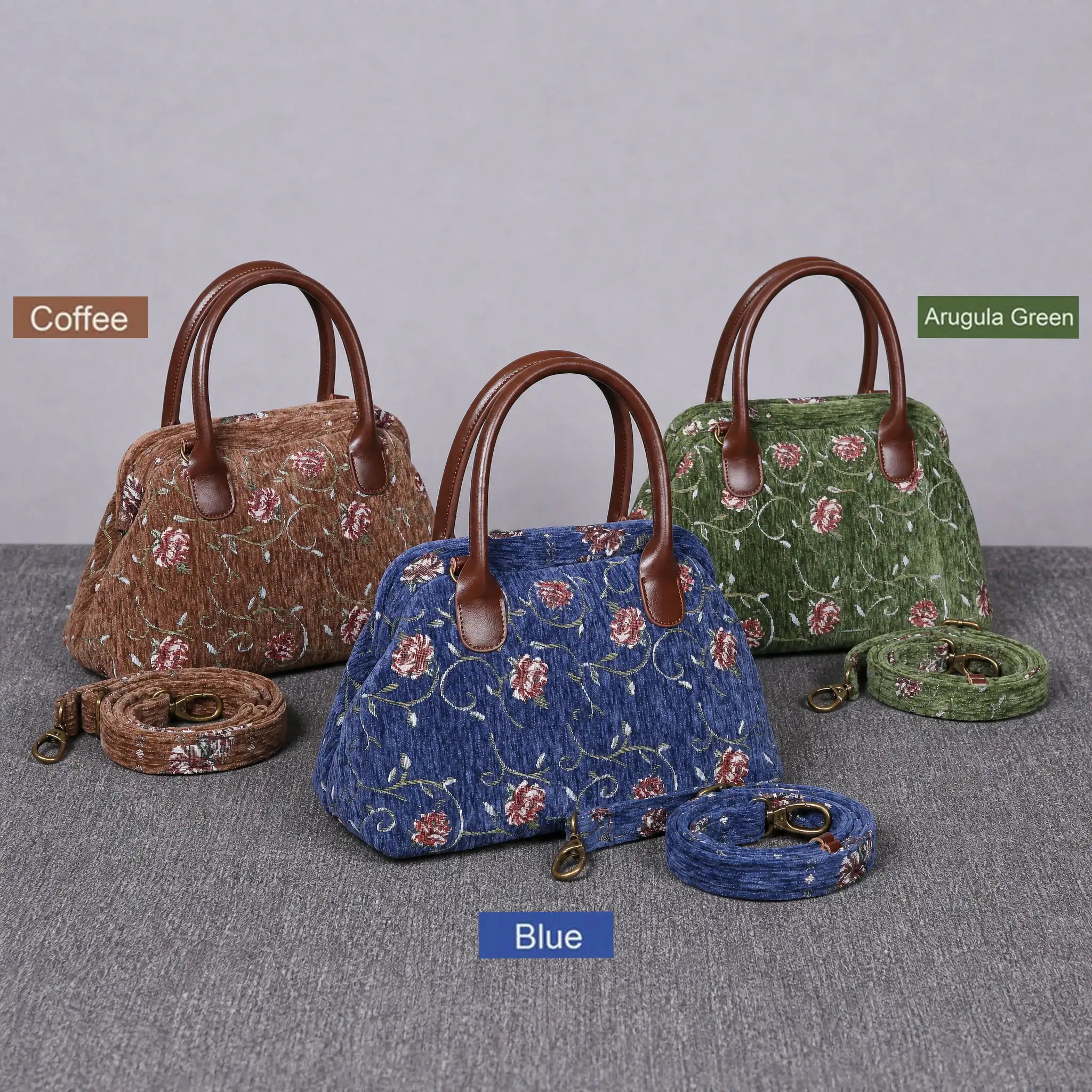 Three floral-patterned handbags in Coffee, Blue, and Arugula Green on a gray surface.