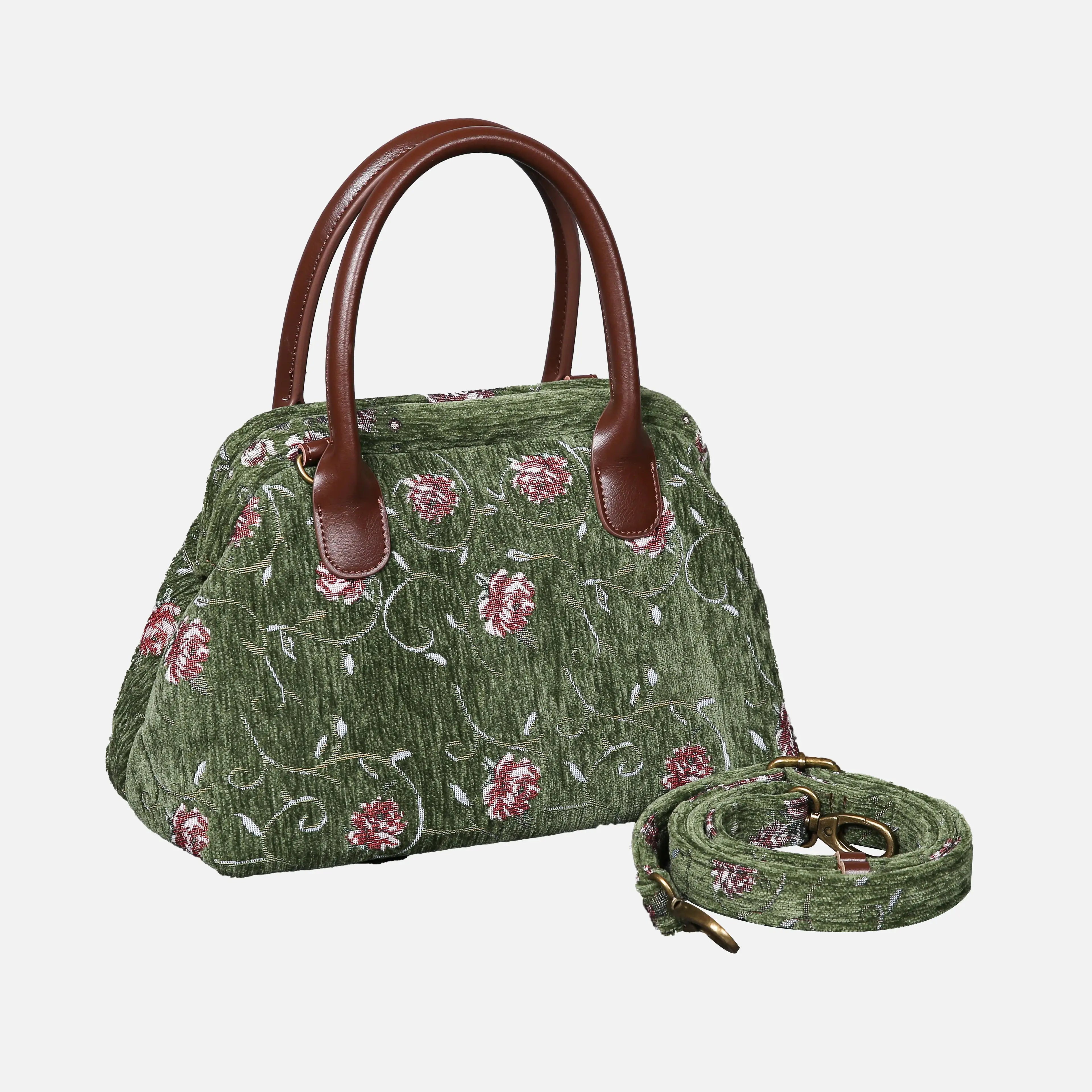 Climbing Rose Carpet Satchel carpet bag MCW Handmade Arugula Green