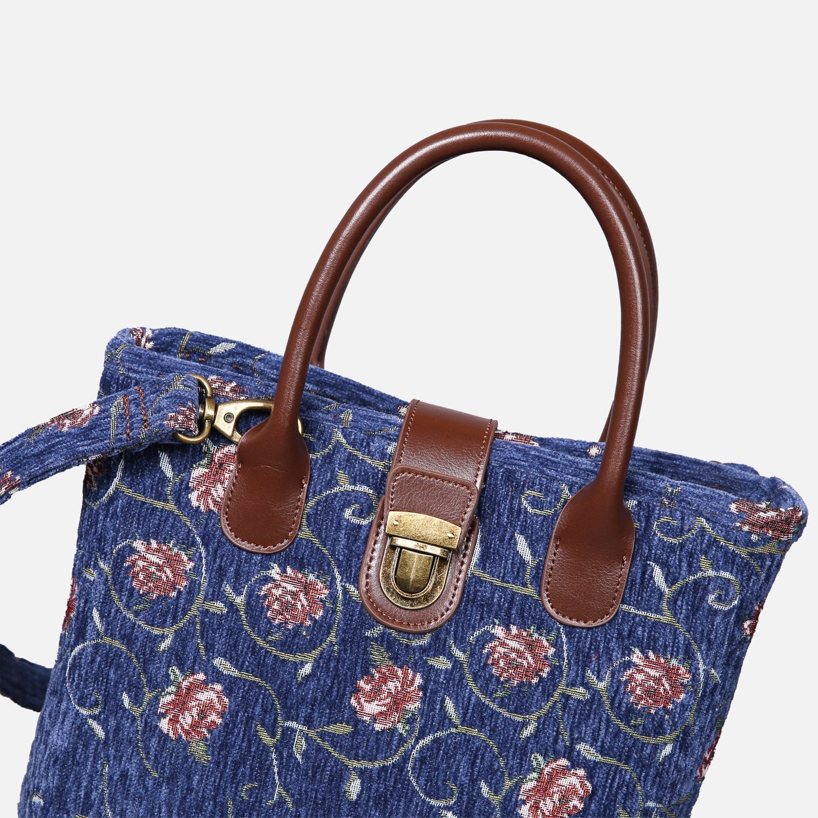 Climbing Rose Blue Tuck Lock Carpet Satchel Carpetbag of America details