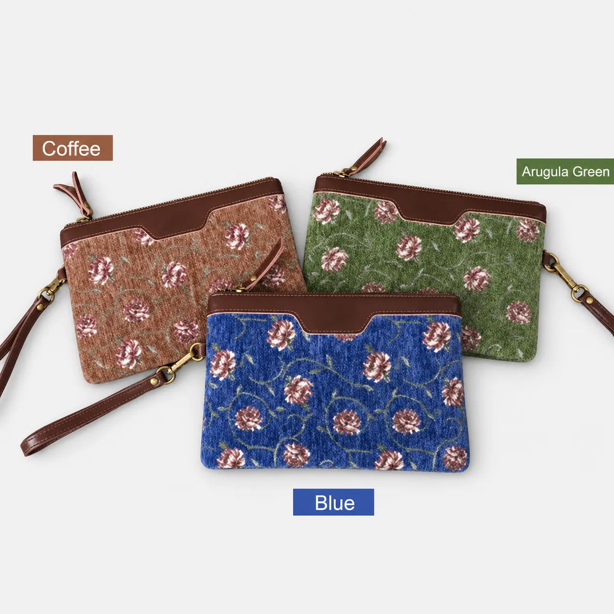 Wristlet Clutch of three floral-patterned pouches in Coffee, Arugula Green, and Blue on a gray background.