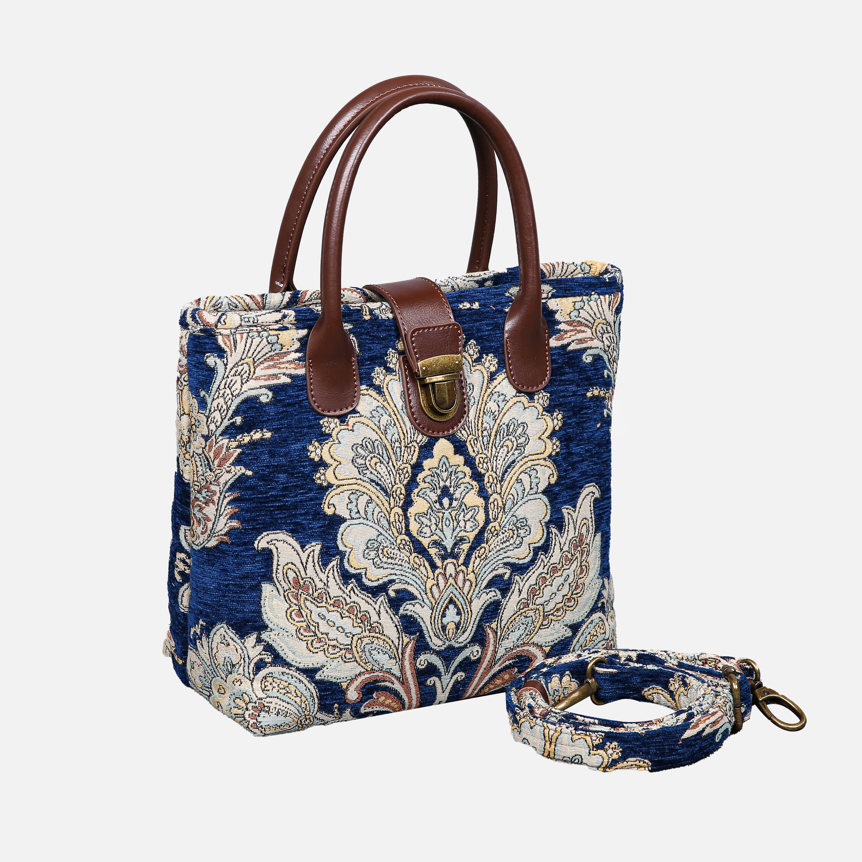 Damask Blue Tuck Lock Carpet Satchel carpet bag MCW Handmade of America with strap