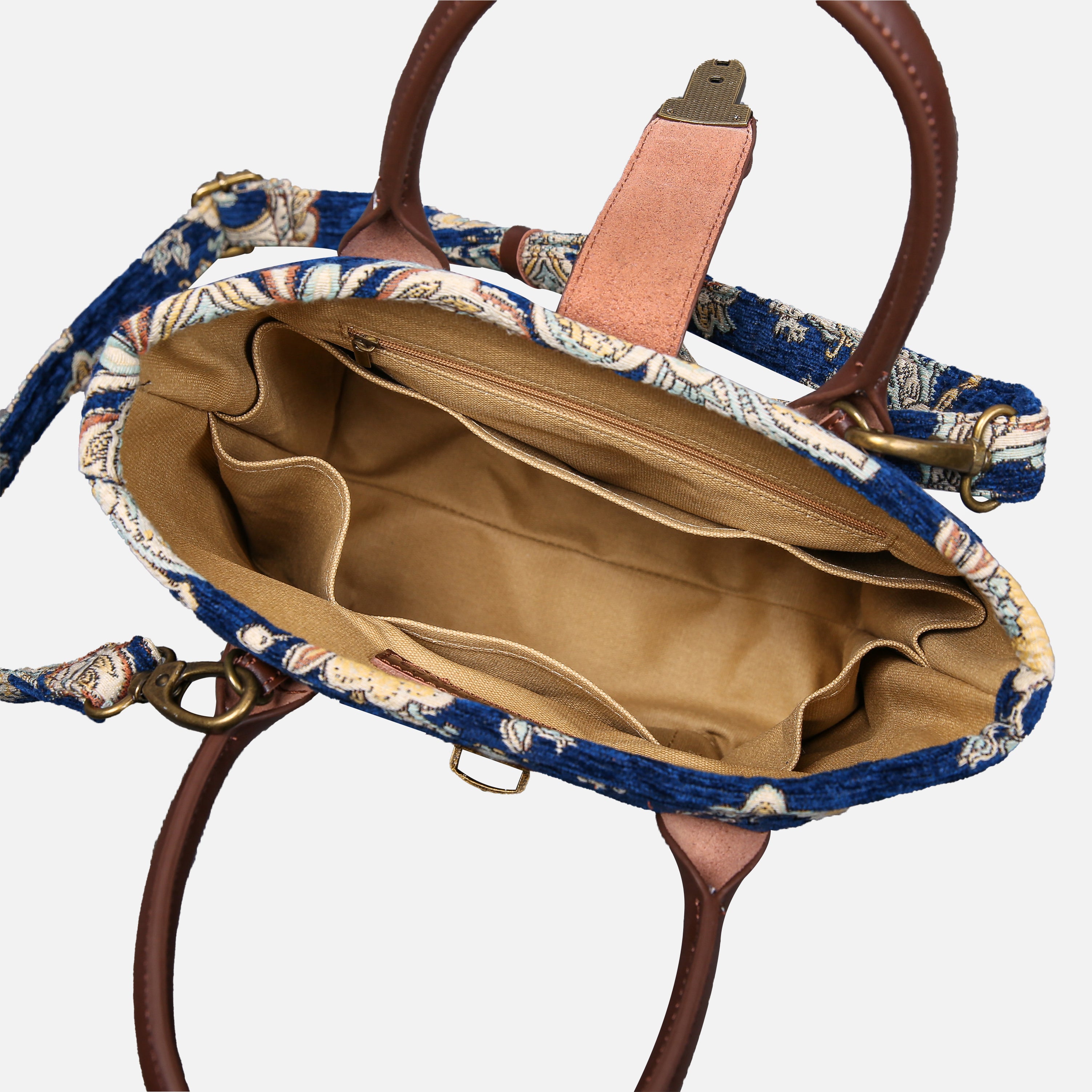 Damask Blue Tuck Lock Carpet Satchel carpet bag MCW Handmade inside