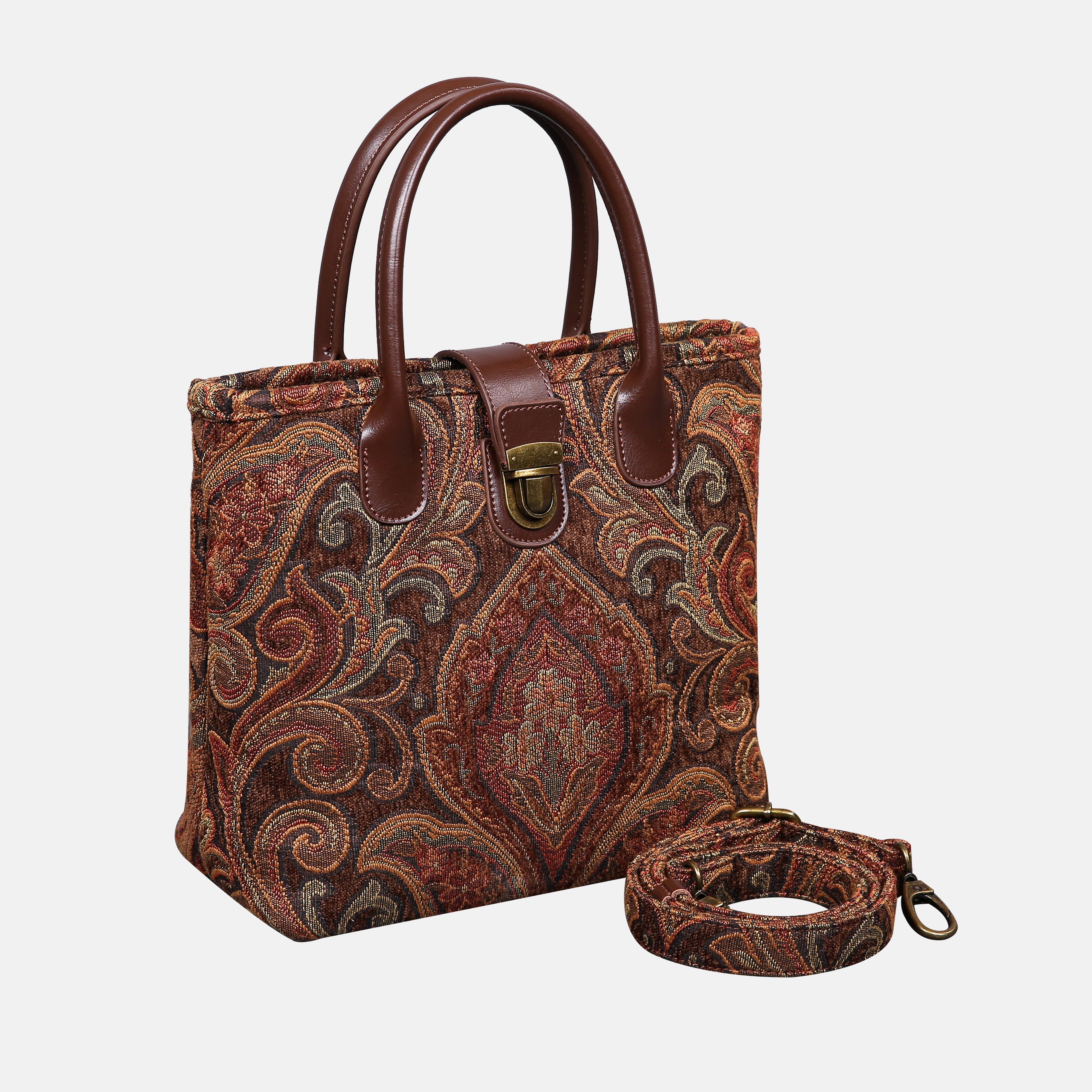 Damask D. Brown Tuck Lock Carpet Satchel carpet bag MCW Handmade of America with strap