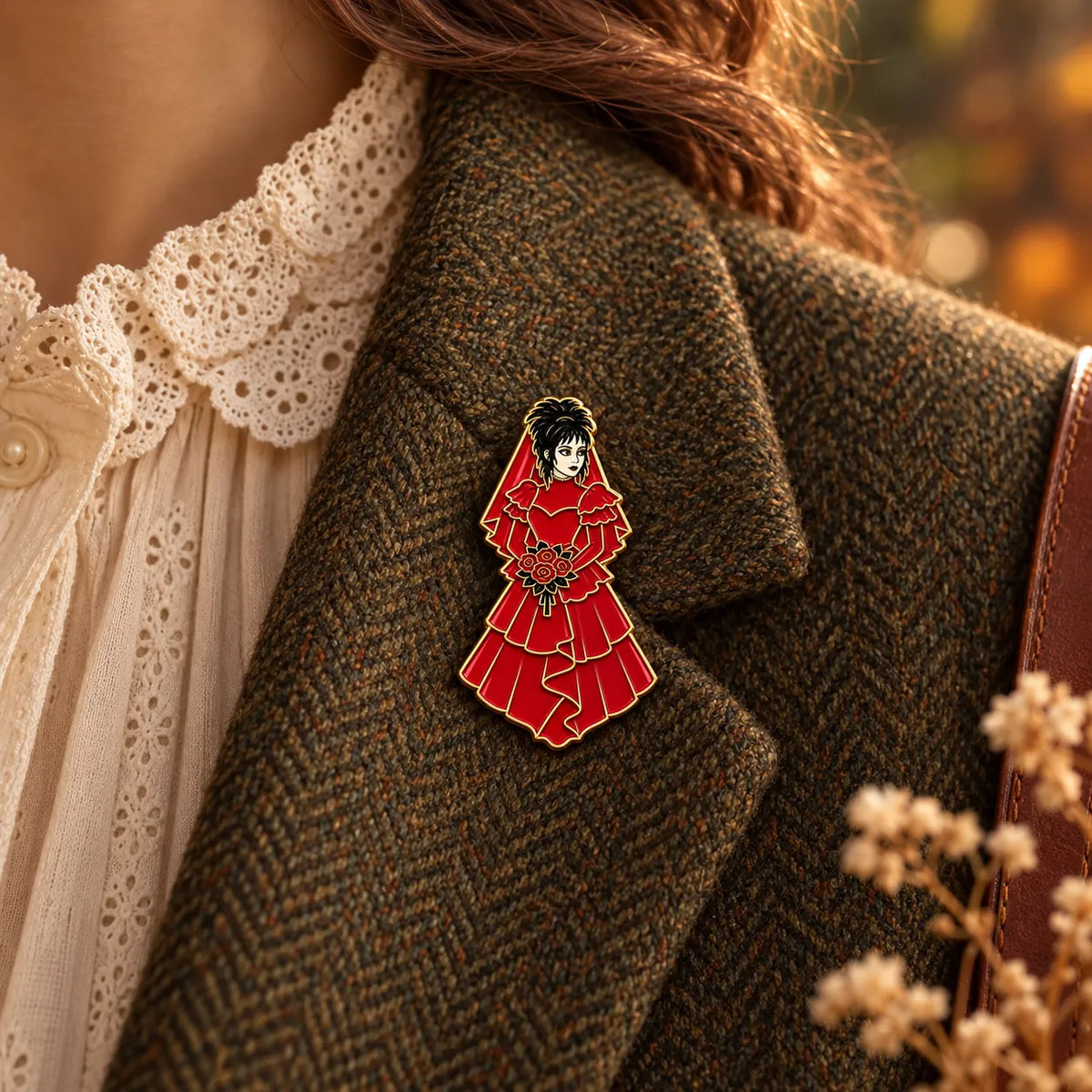 Beetlejuice Inspired Brooches | 6 Designs | MCW Lydia in Red model
