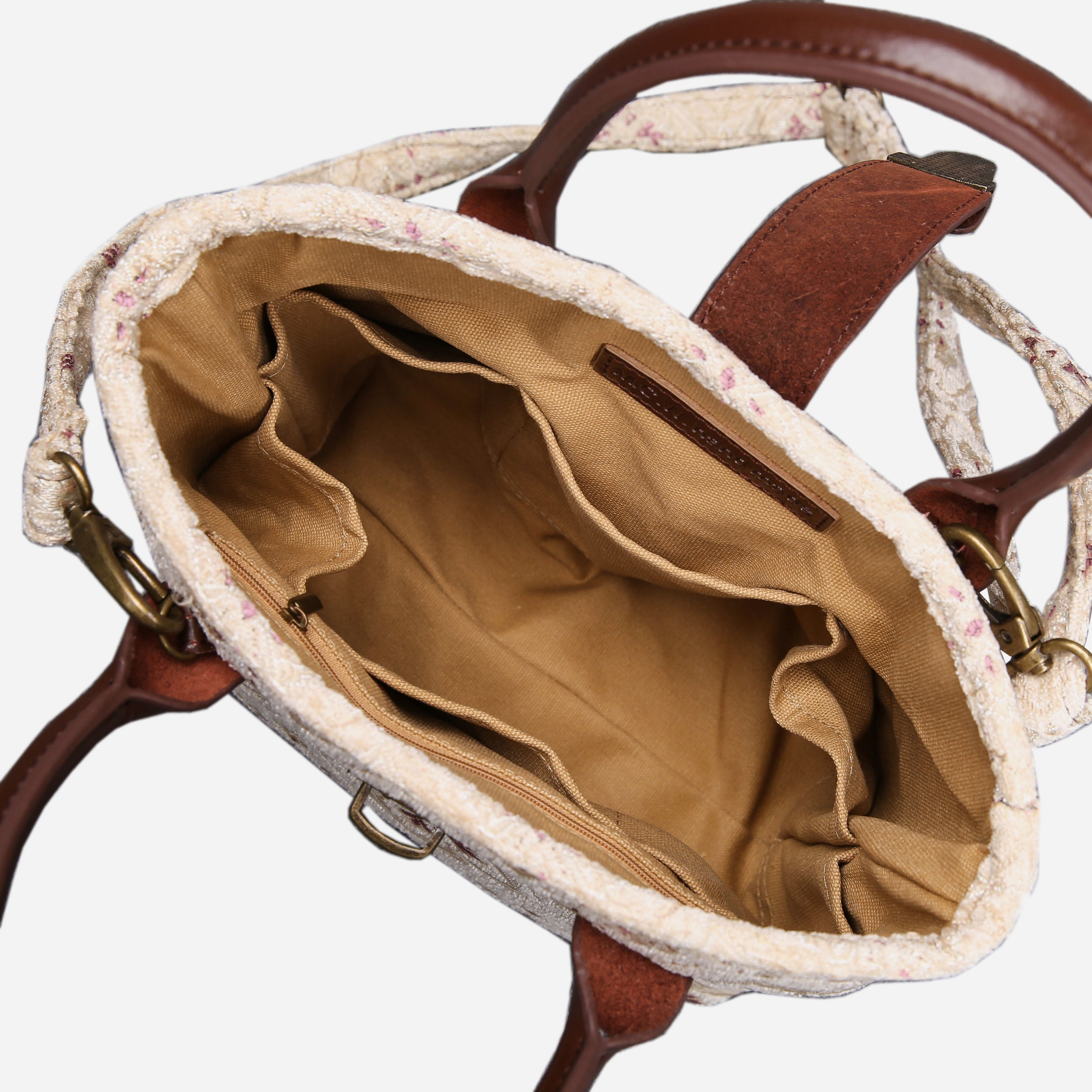 Ethnic Cream Tuck Lock Carpet Satchel carpet bag MCW Handmade of America inside