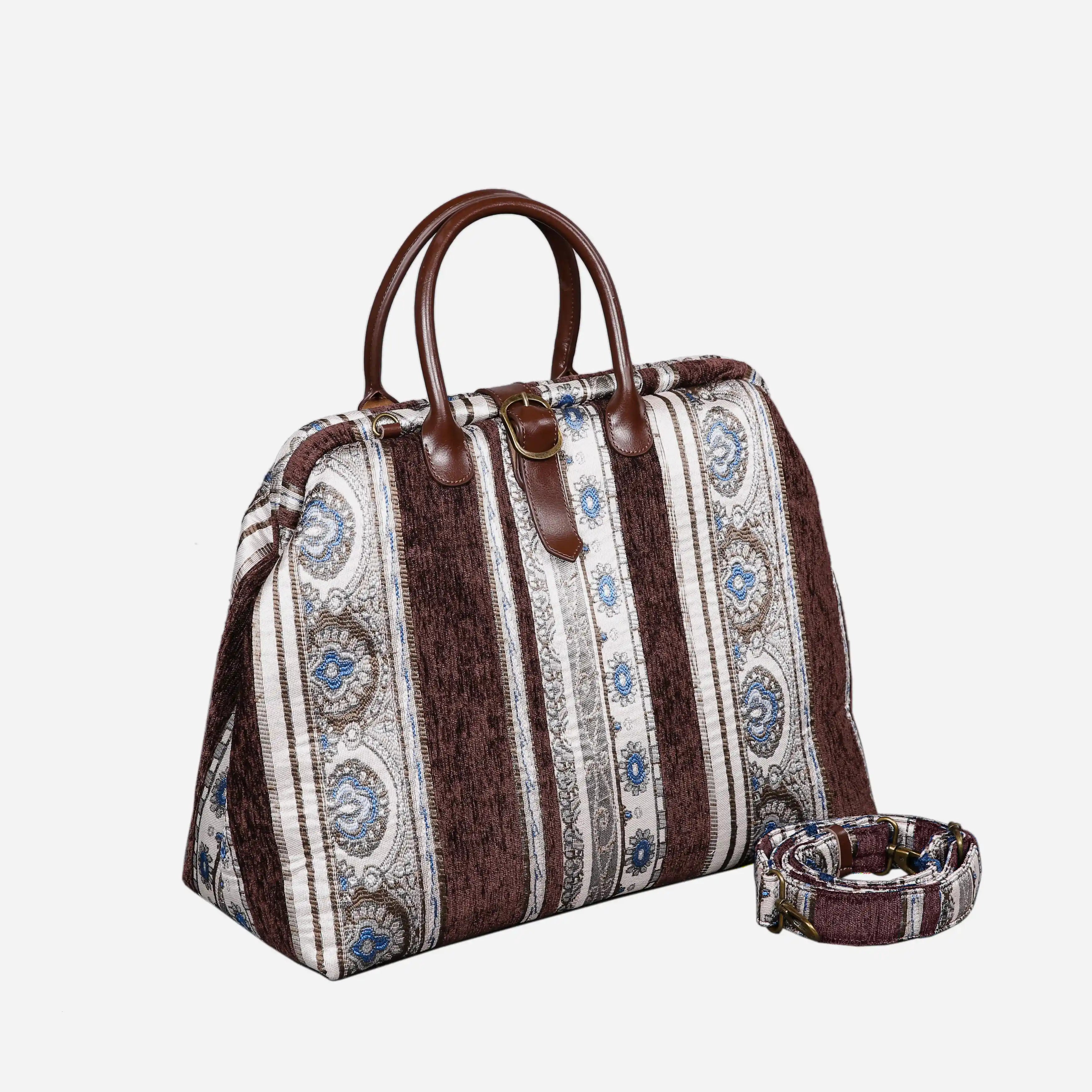 Ethnic Stripes Brown Mary Poppins Weekender Carpetbag of America with shoulder strap