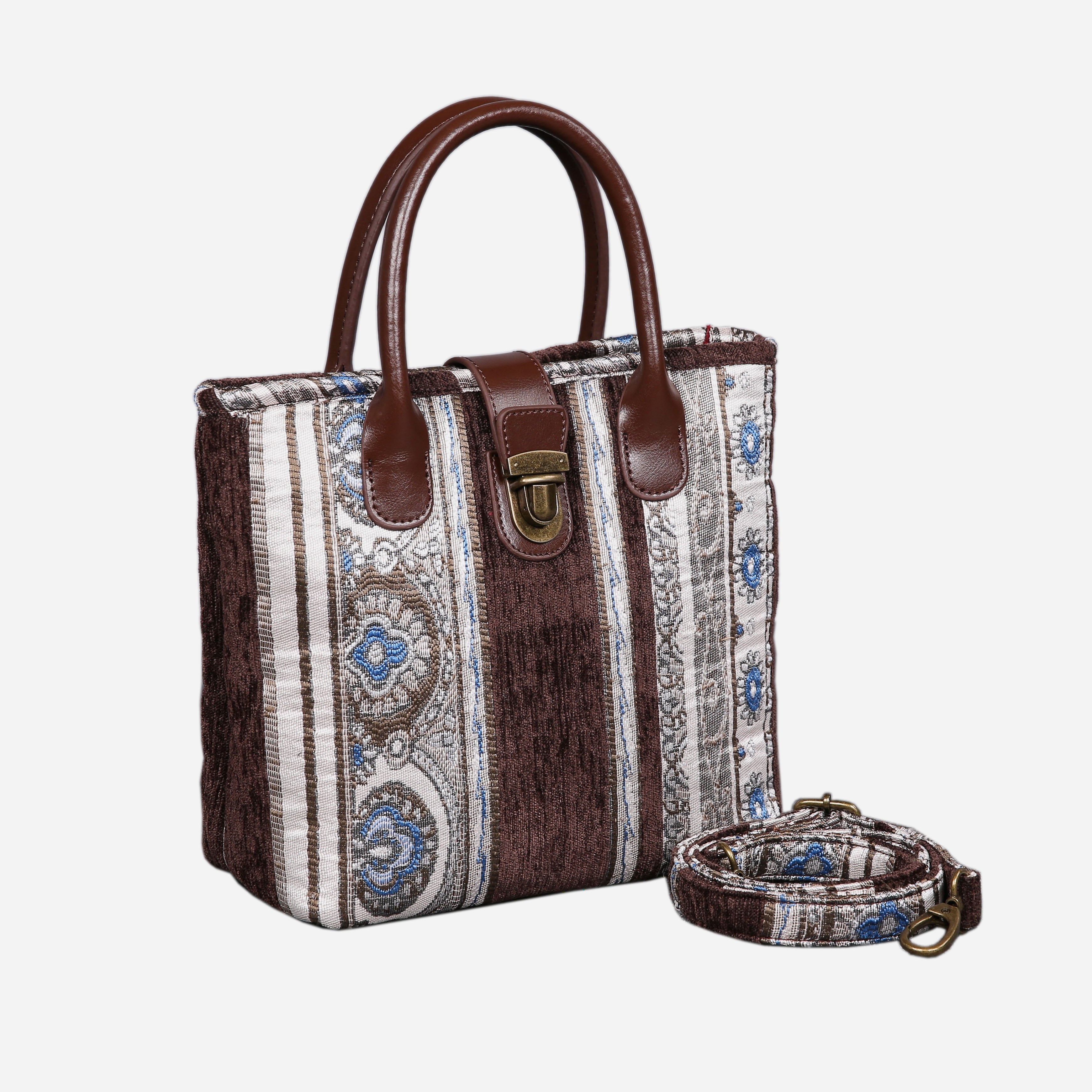 Ethnic Strips Coffee Tuck Lock Carpet Satchel carpet bag MCW Handmade of America with strap