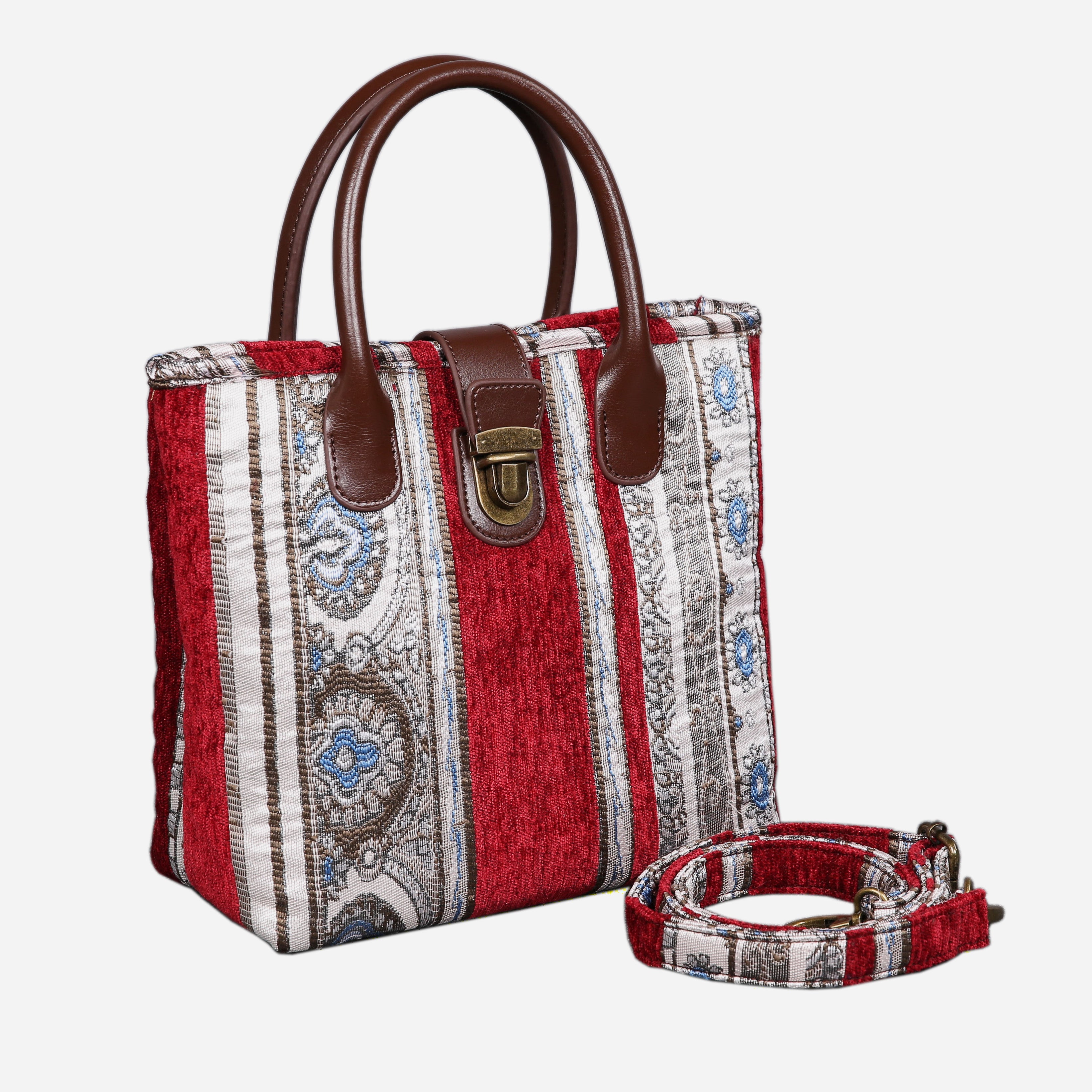 Ethnic Strips Wine Tuck Lock Carpet Satchel carpet bag MCW Handmade of America with strap