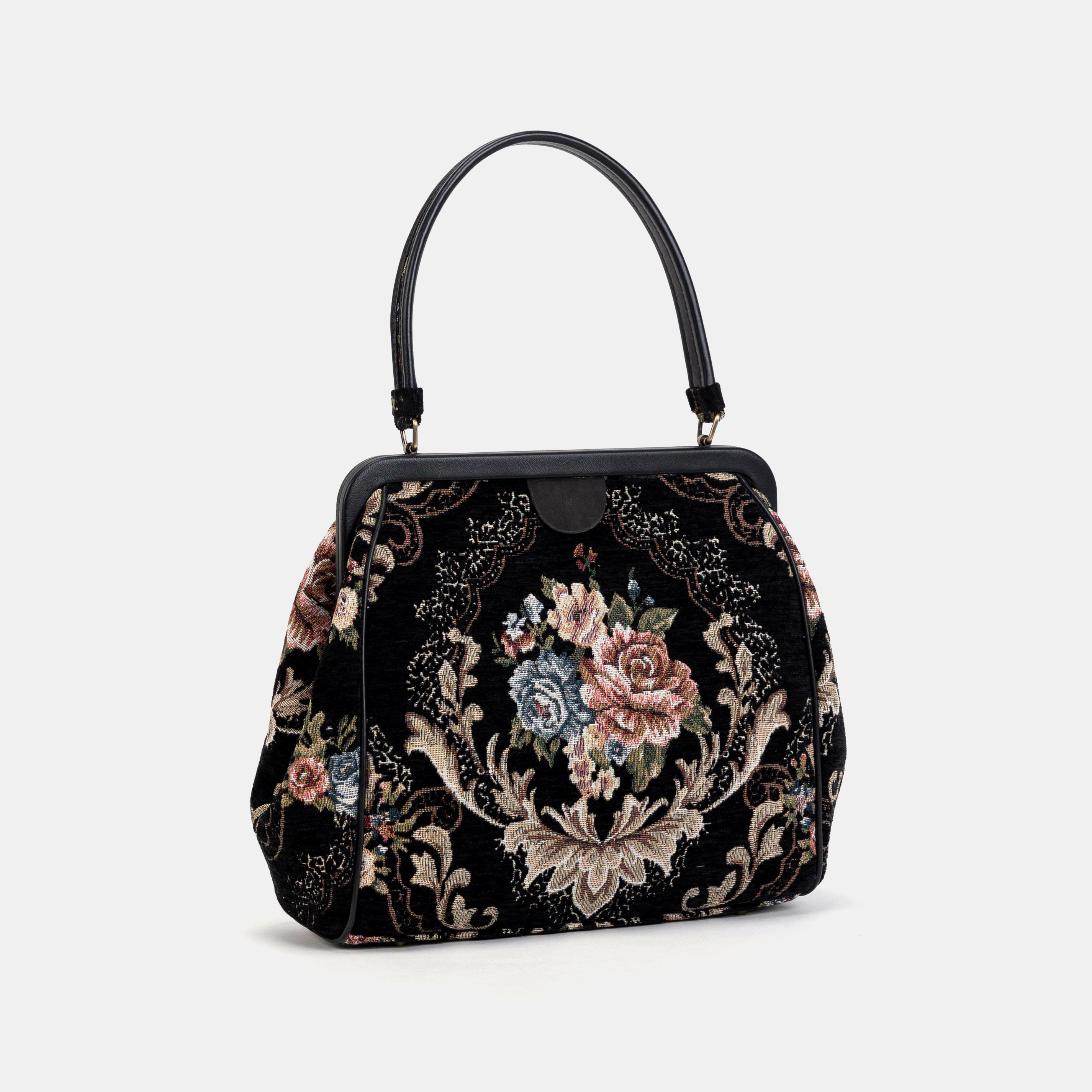 Floral Black Alma Shoulder Bag Carpet Bag of America side front
