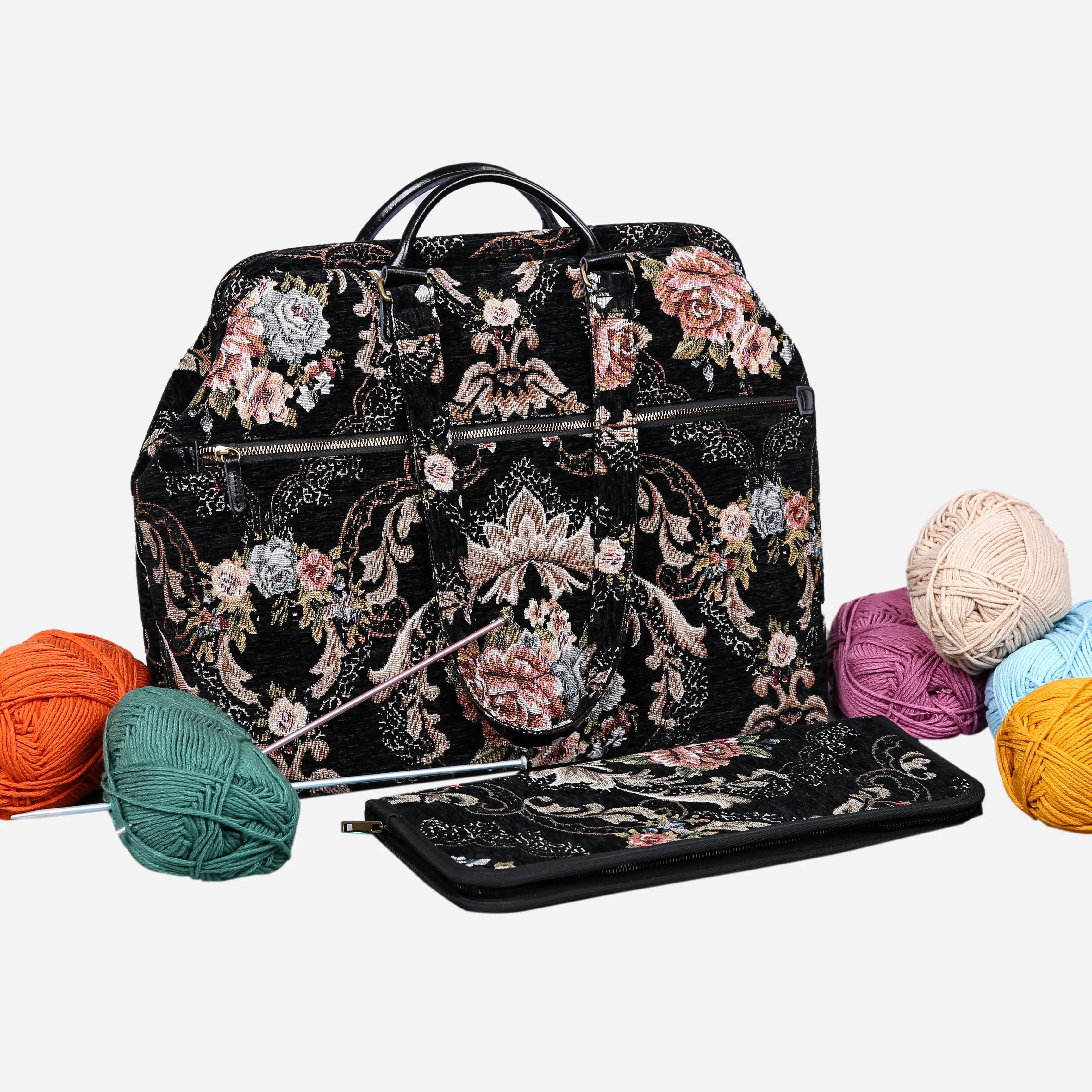 Floral BLK/BLK Knitting Project Bag of America with needle case