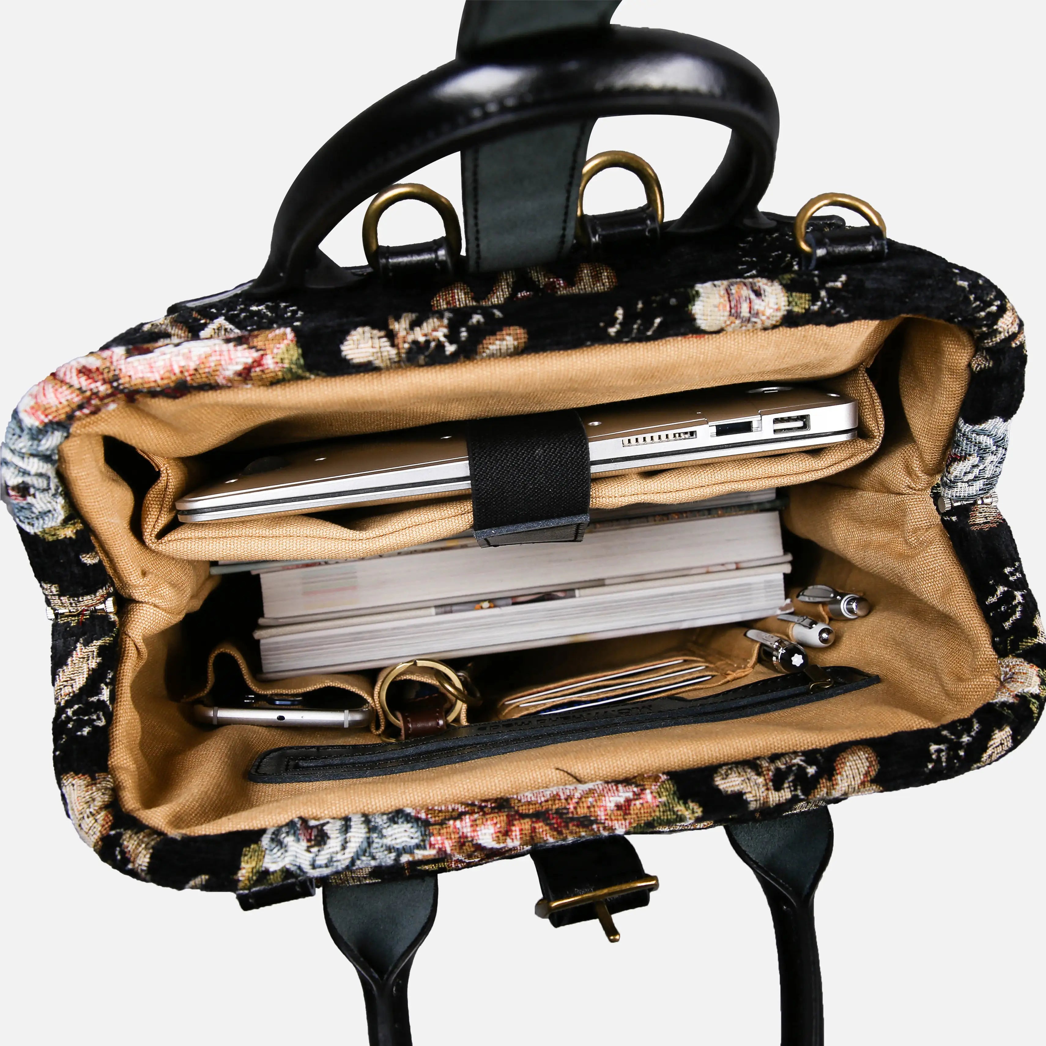Floral Black Carpet Laptop Backpack Carpetbag of America in use