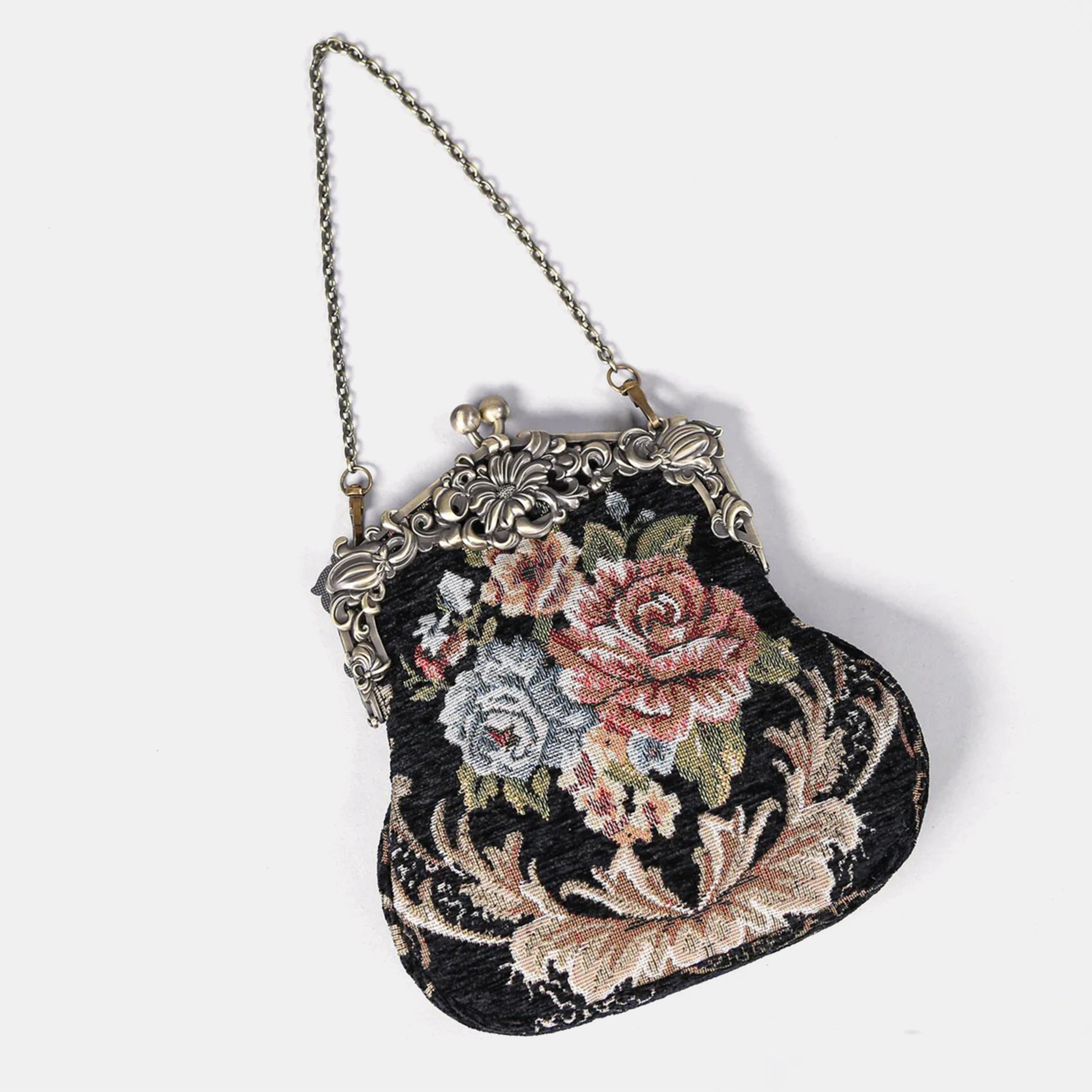 Floral Black Chatelaine Purse Large carpet bag of America lay flat