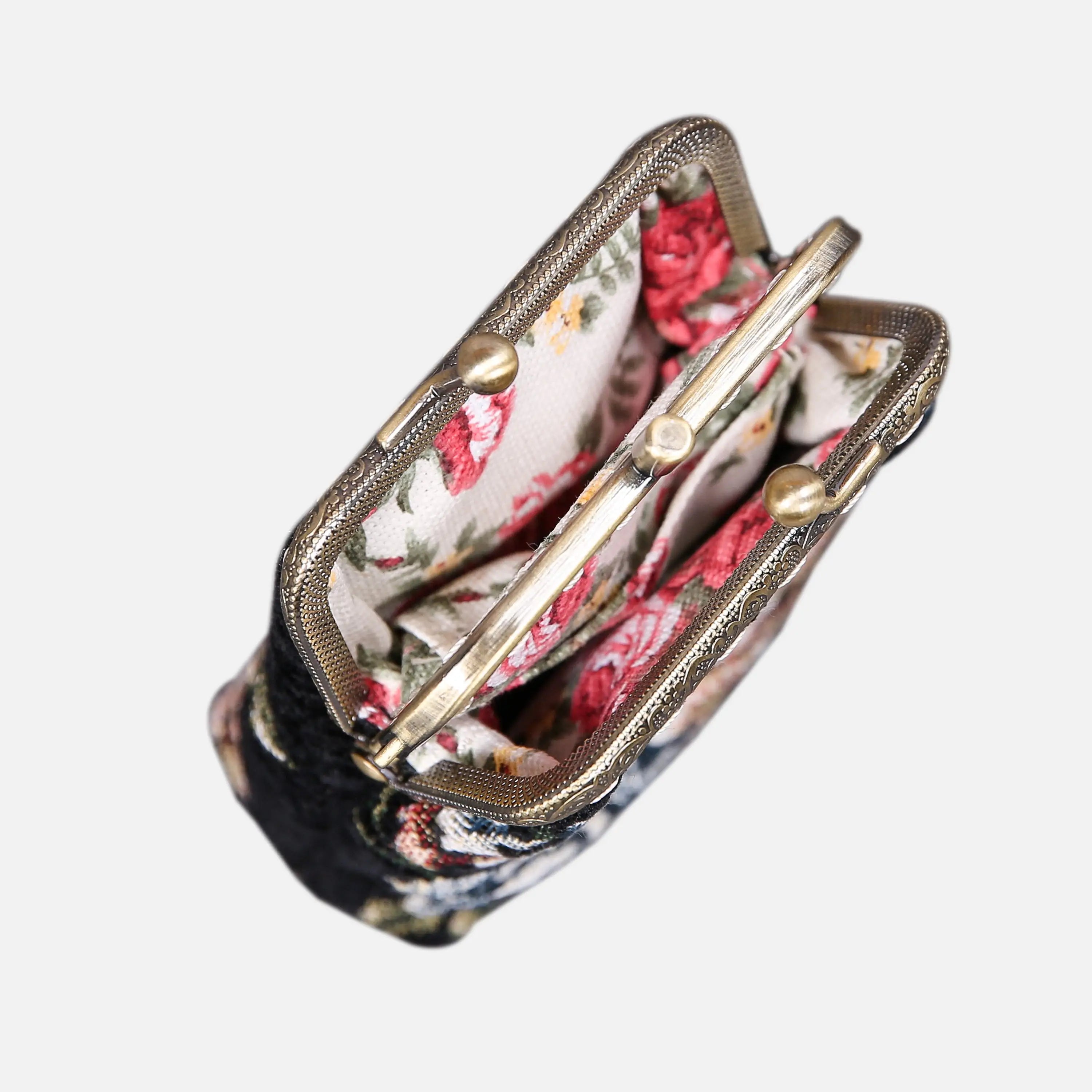 Floral Black Double Kiss Clasp Coin Purse of America openning-5