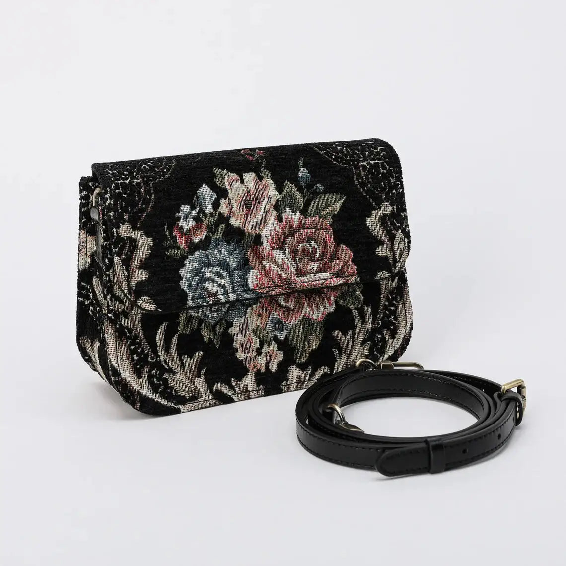 Floral Black Flap Crossbody Bag carpet bag of America with shoulder strap