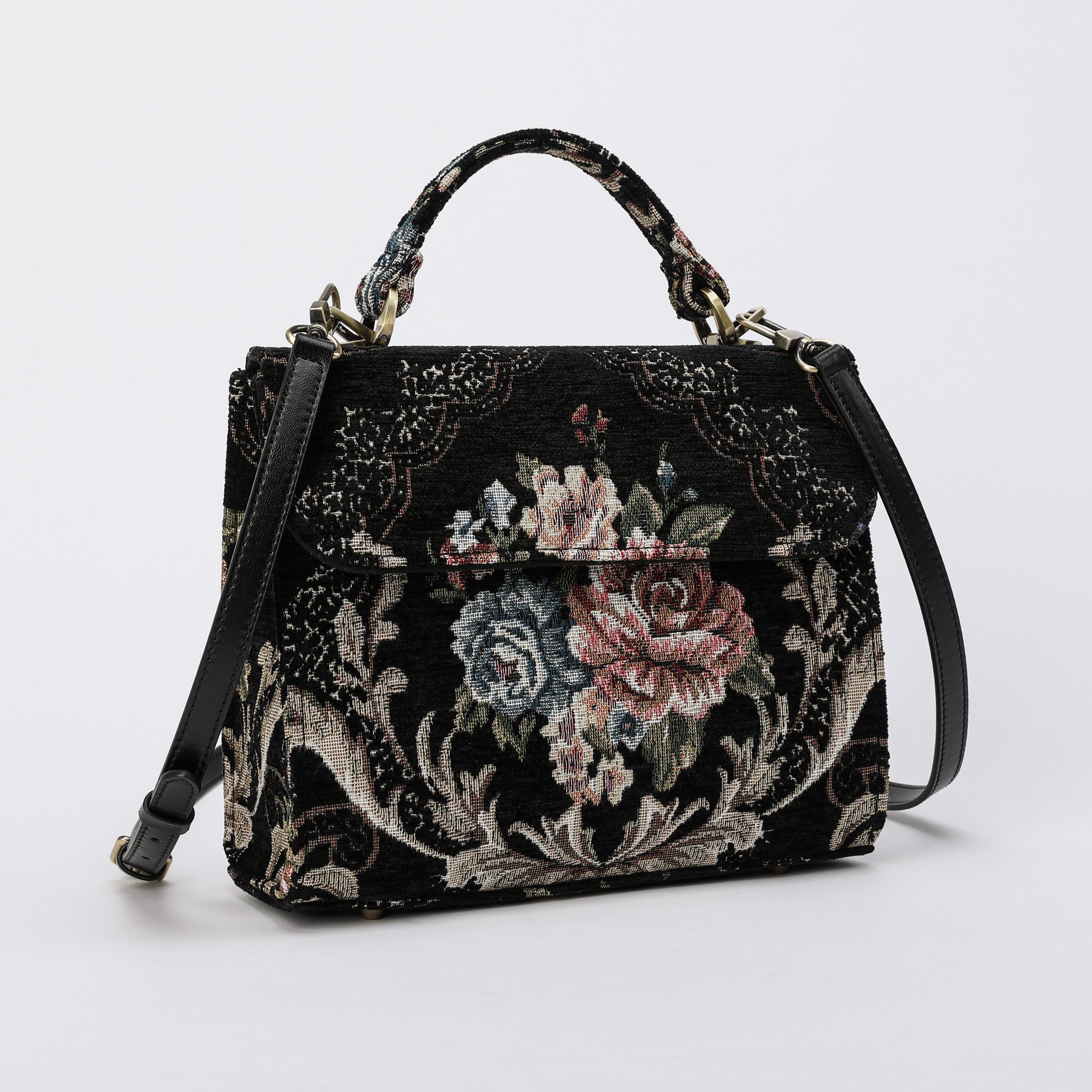 Floral Black Flap Satchel Carpetbag of America with shoulder strap