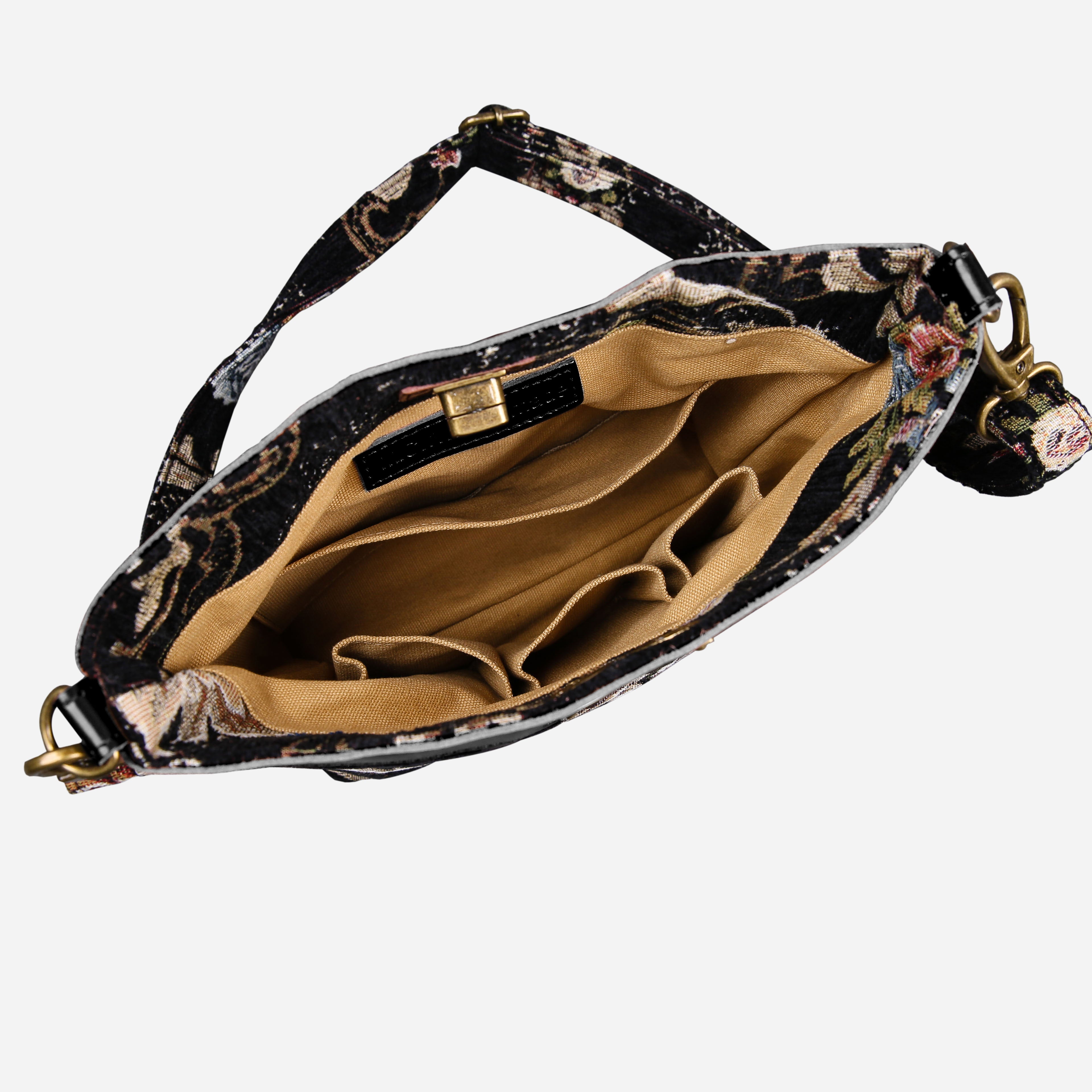 Floral Black Leather Black Carpet Crossbody Bag carpet bag MCW Handmade of America inside