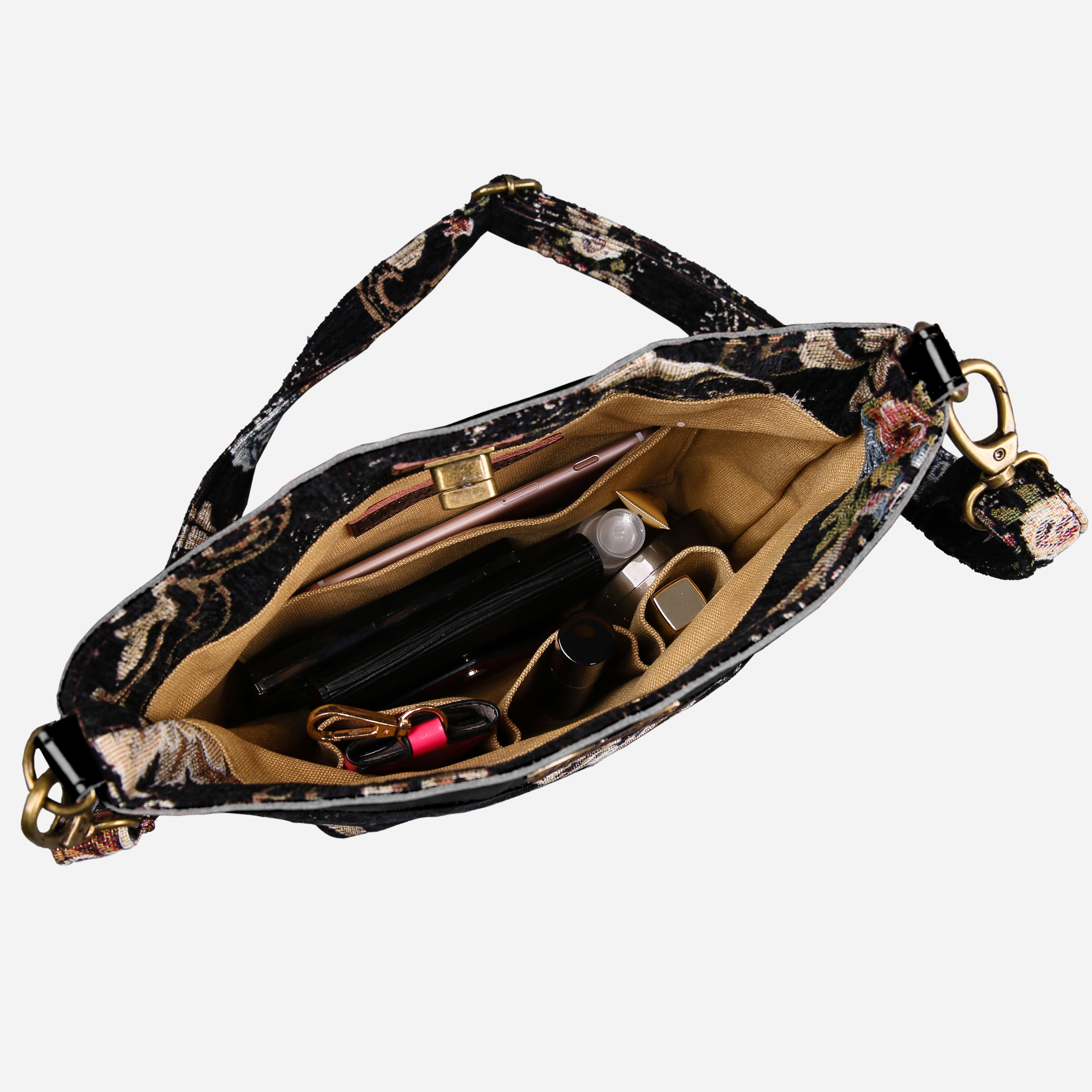 Floral Black Leather Black Carpet Crossbody Bag carpet bag MCW Handmade of America in use