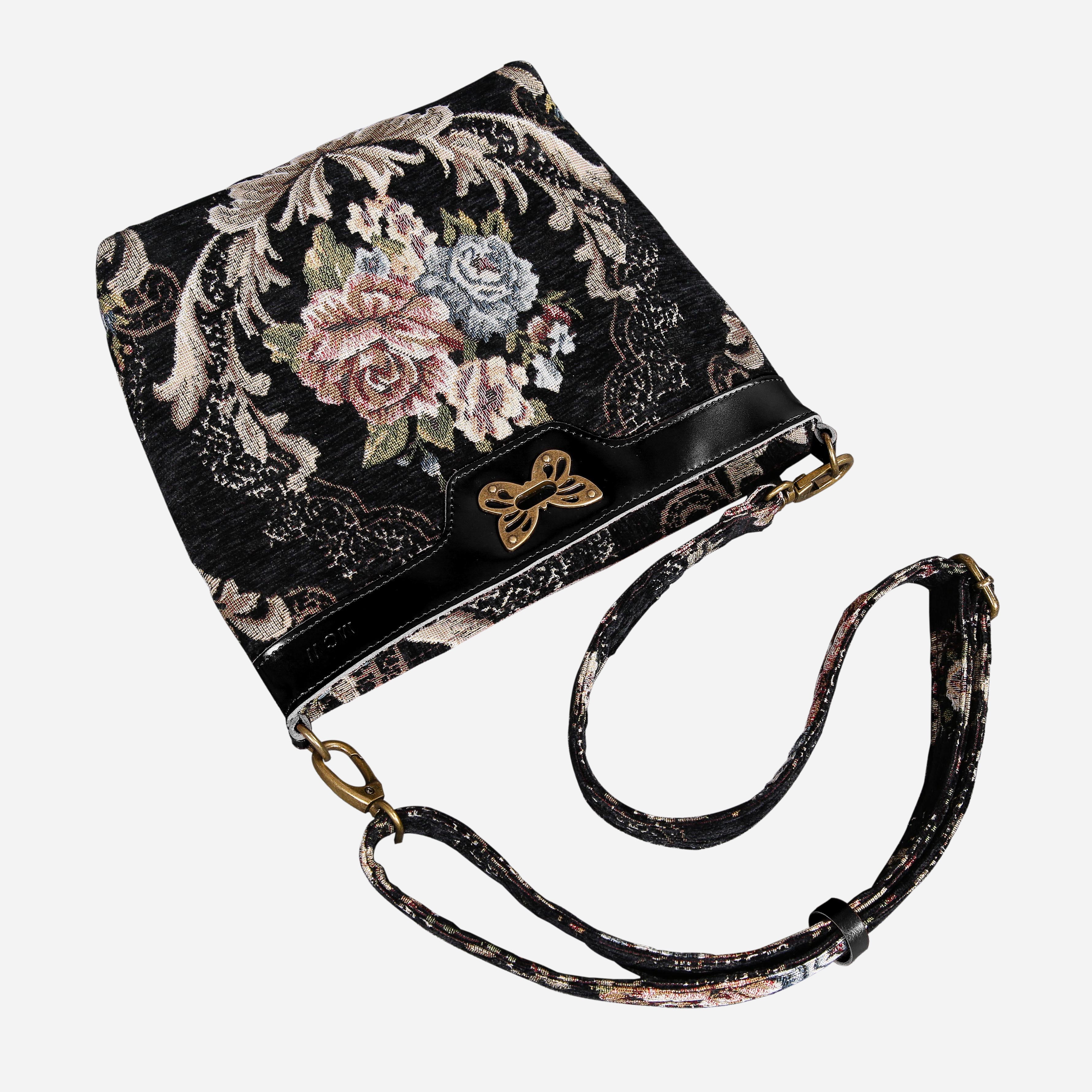 Floral Black Leather Blk Butterfly Crossbody Bag Carpetbag of America lay flat