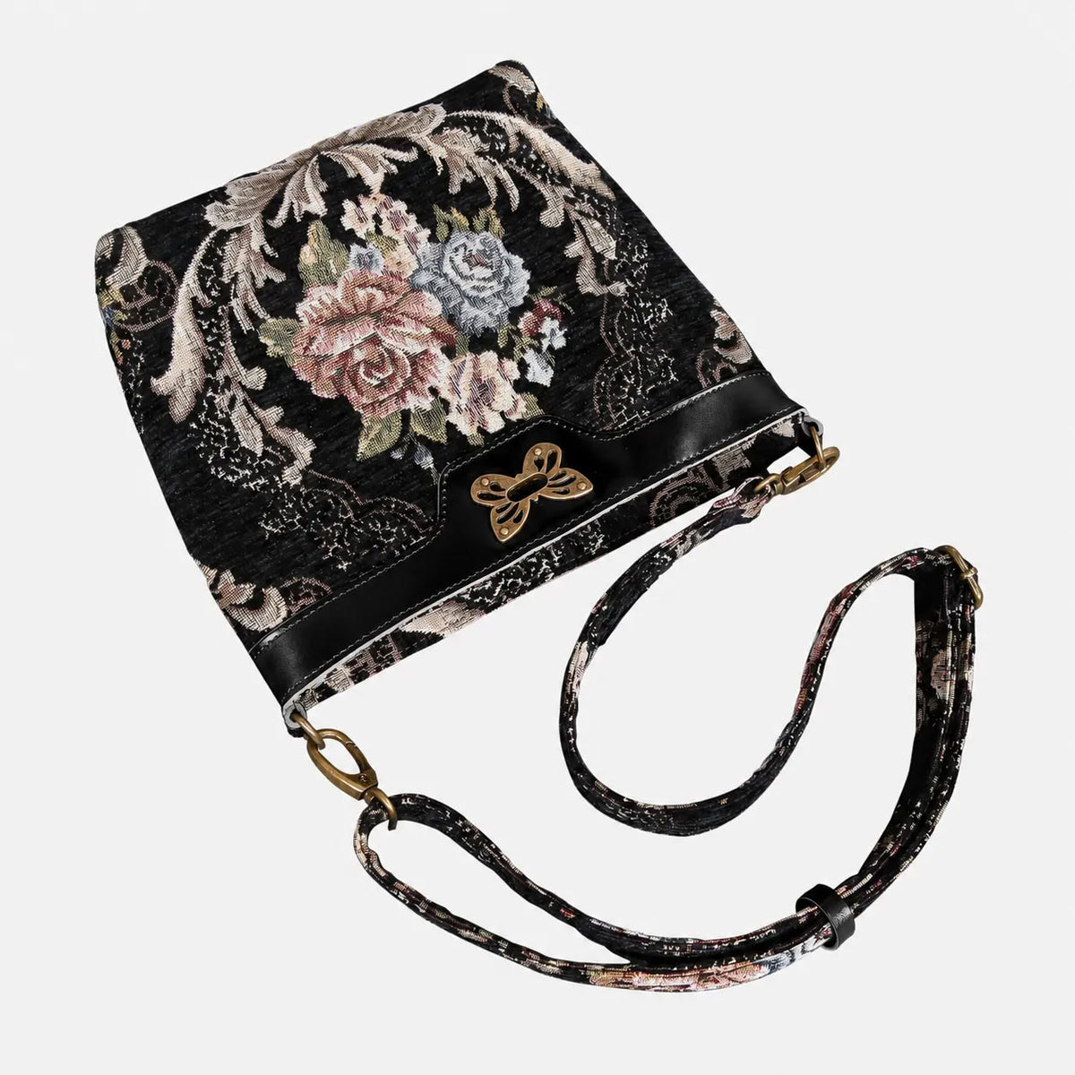 Floral Black Leather Blk Butterfly Crossbody Bag Carpetbag of America lay flat